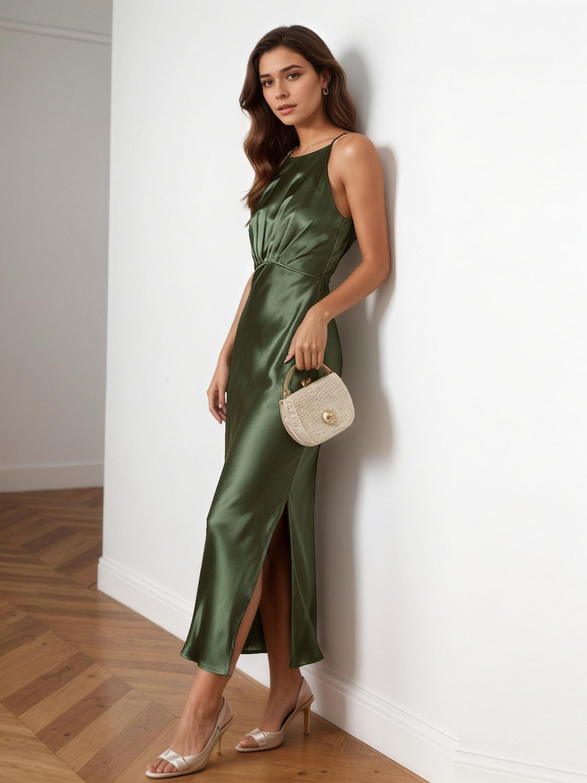 Elise Bias-Cut Satin Halter Maxi Gown