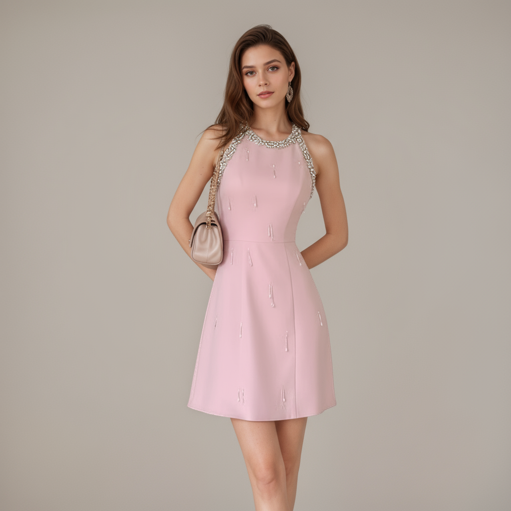 Gilded Halo Blush Pink Embellished Mini Dress