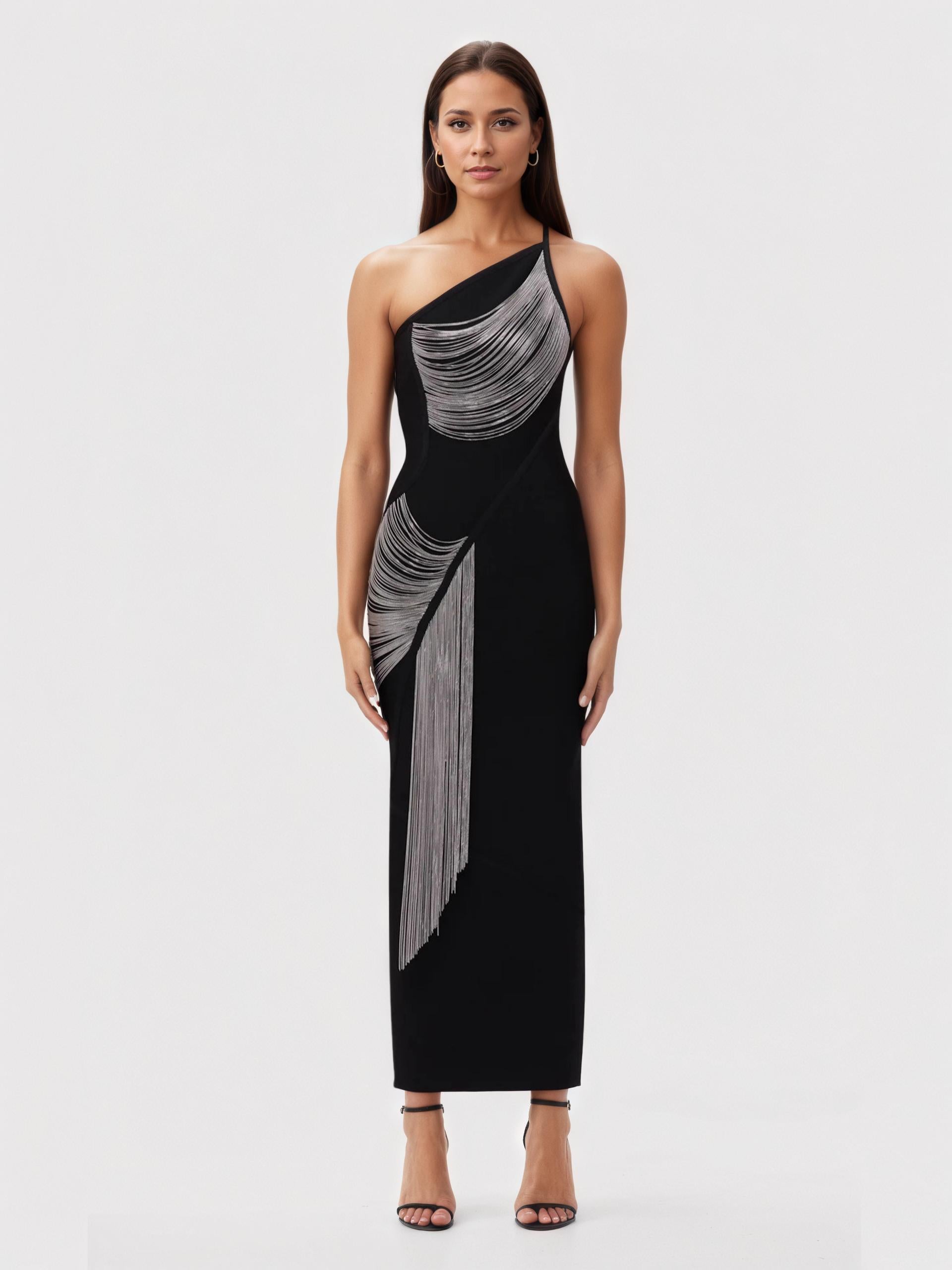 One-Shoulder Bodycon Gown with Cascading Fringe