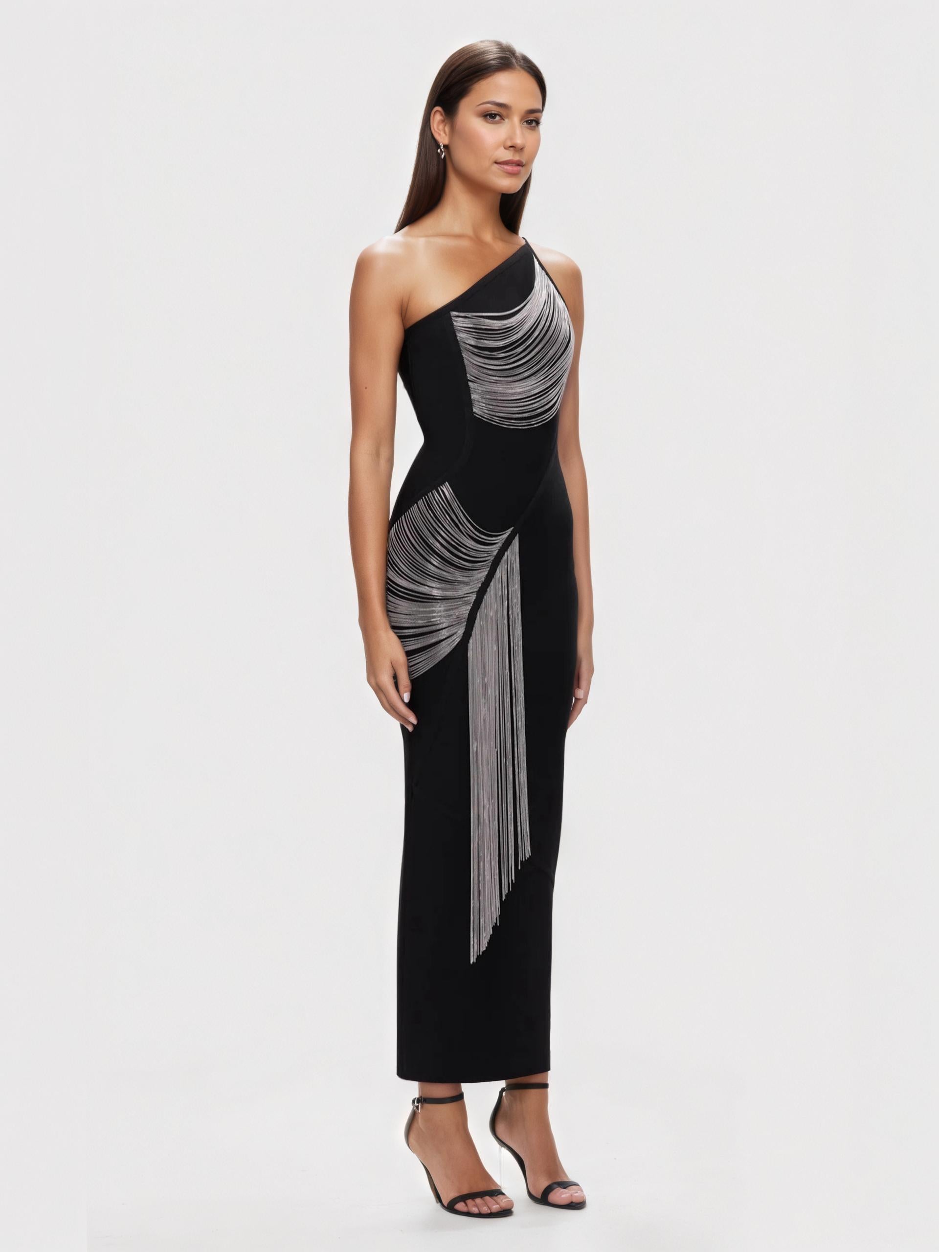 One-Shoulder Bodycon Gown with Cascading Fringe