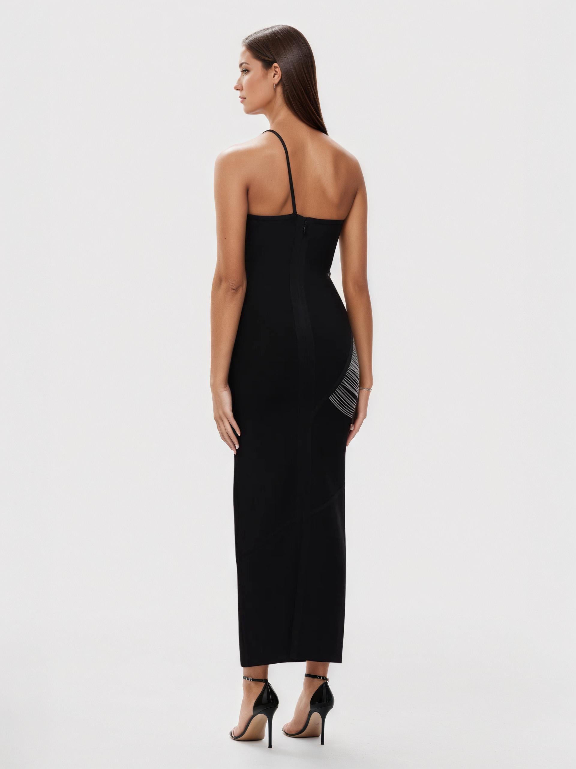One-Shoulder Bodycon Gown with Cascading Fringe