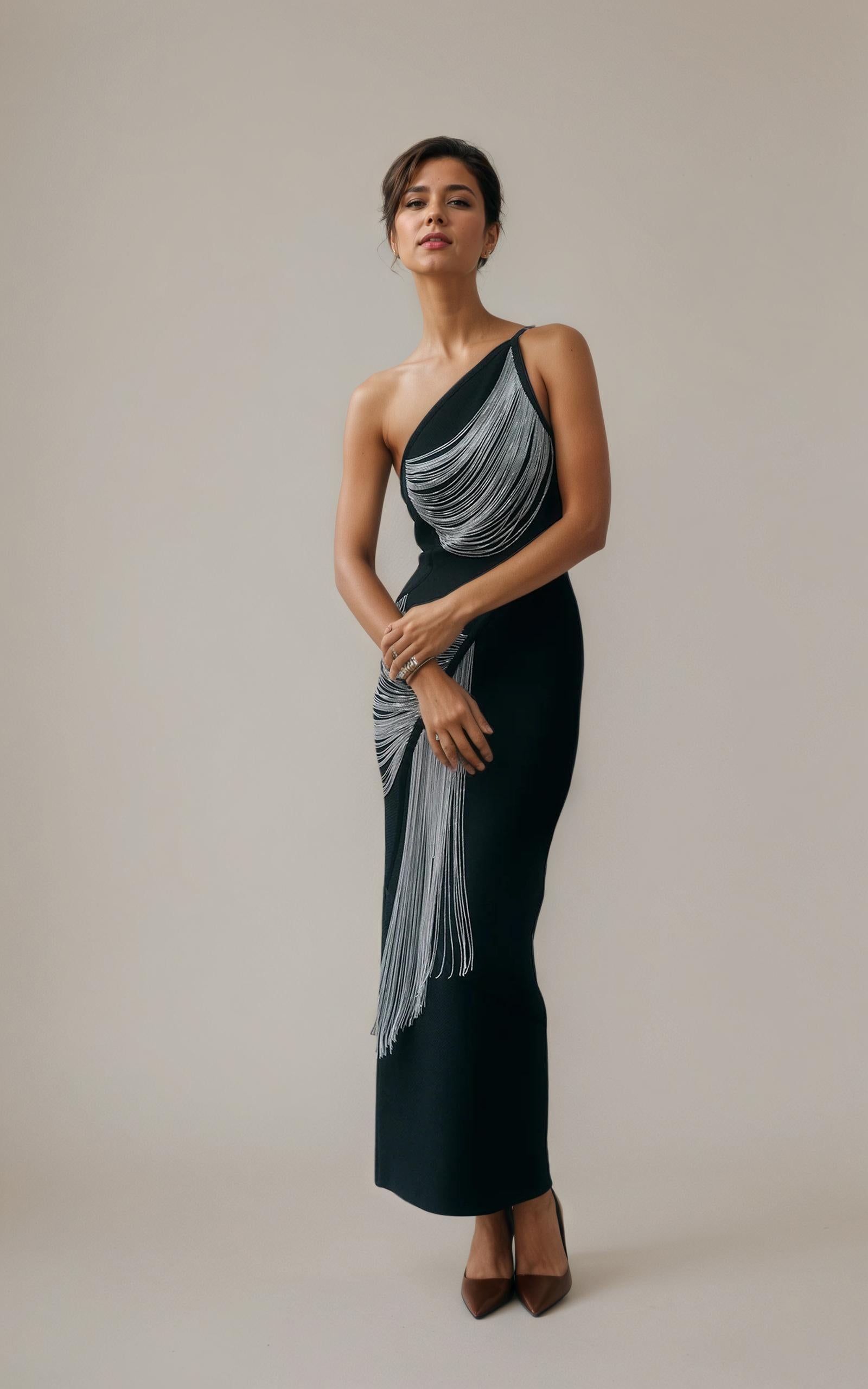One-Shoulder Bodycon Gown with Cascading Fringe