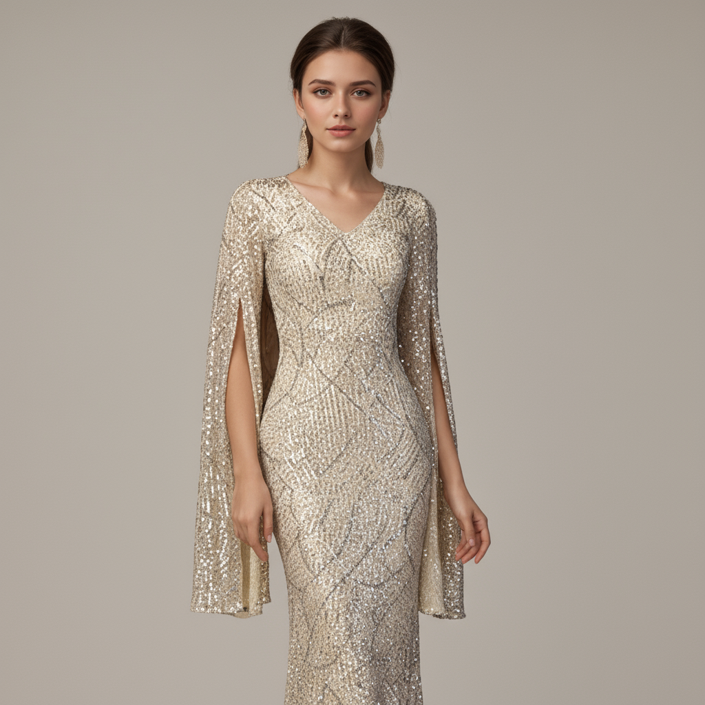 Sequined Cape-Sleeve maxi Dress