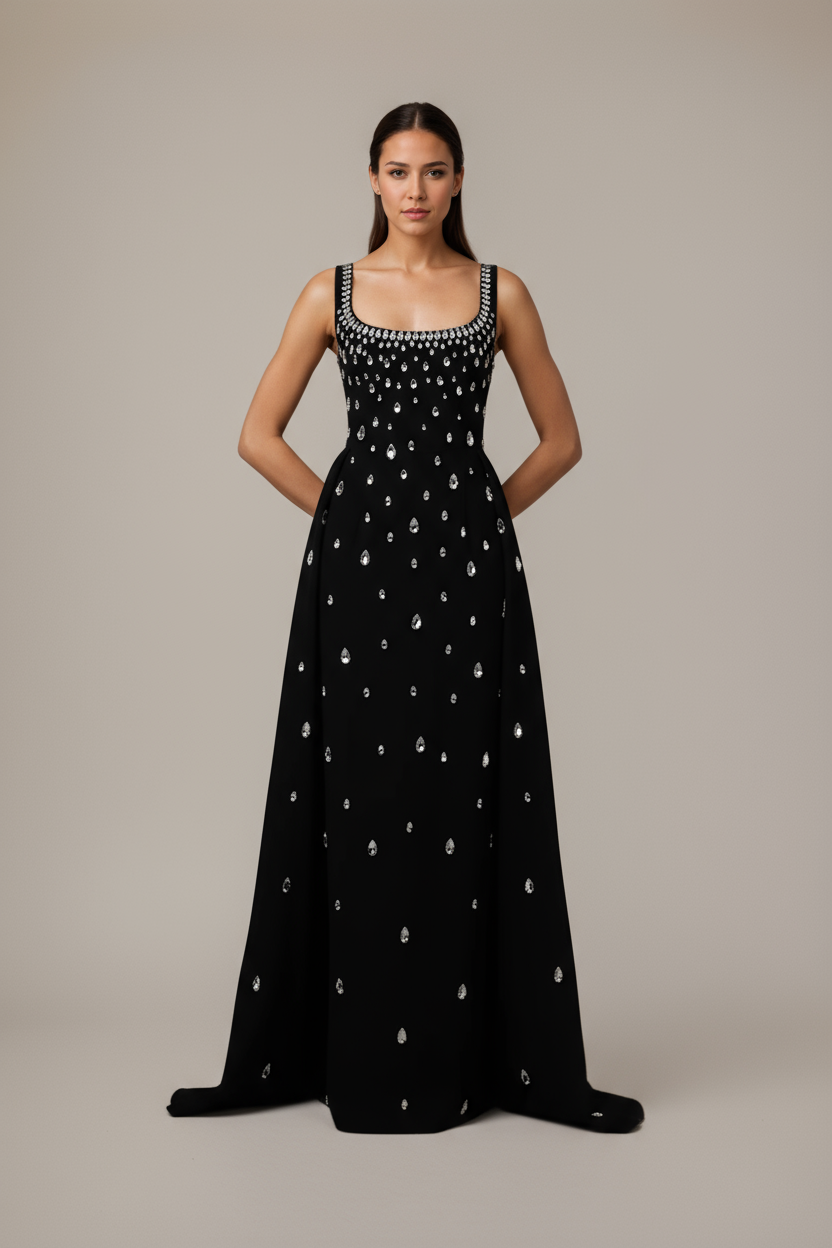 Woman wearing a black dress with white patterns on a beige background