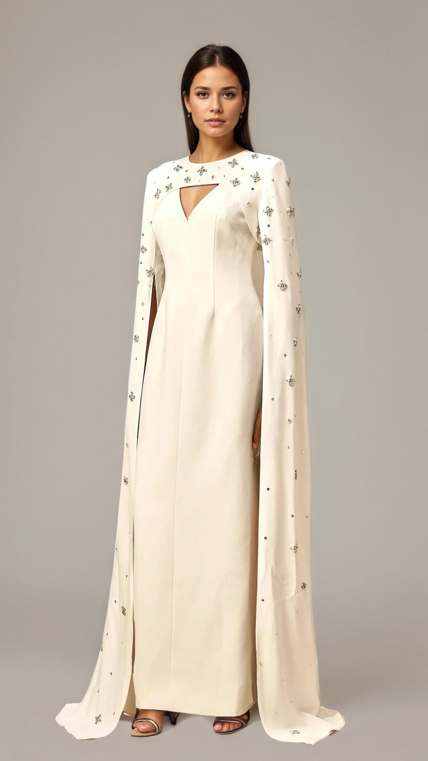 Ivory Heavy Beadwork Evening Gown with Cape