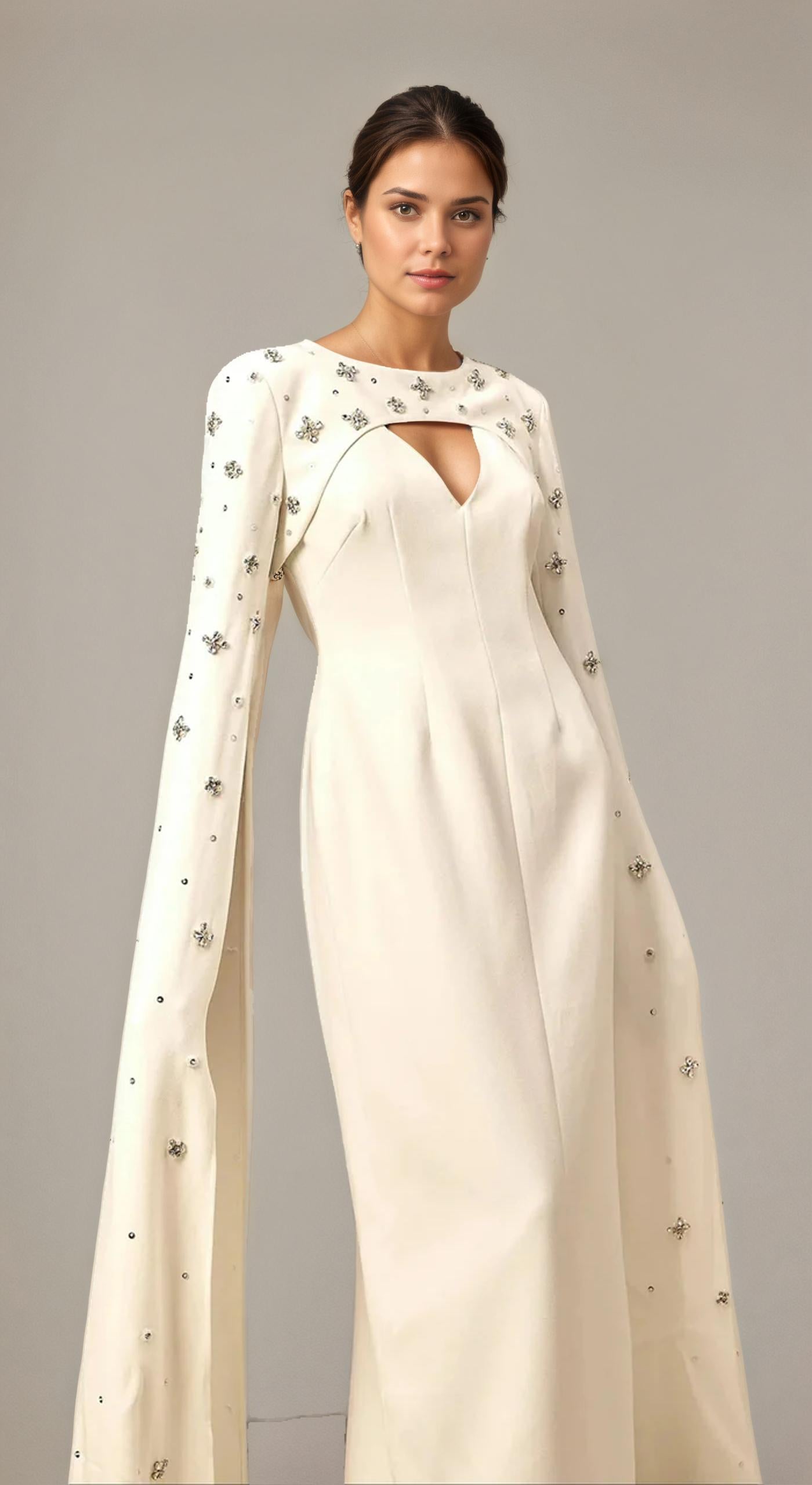 Ivory Heavy Beadwork Evening Gown with Cape