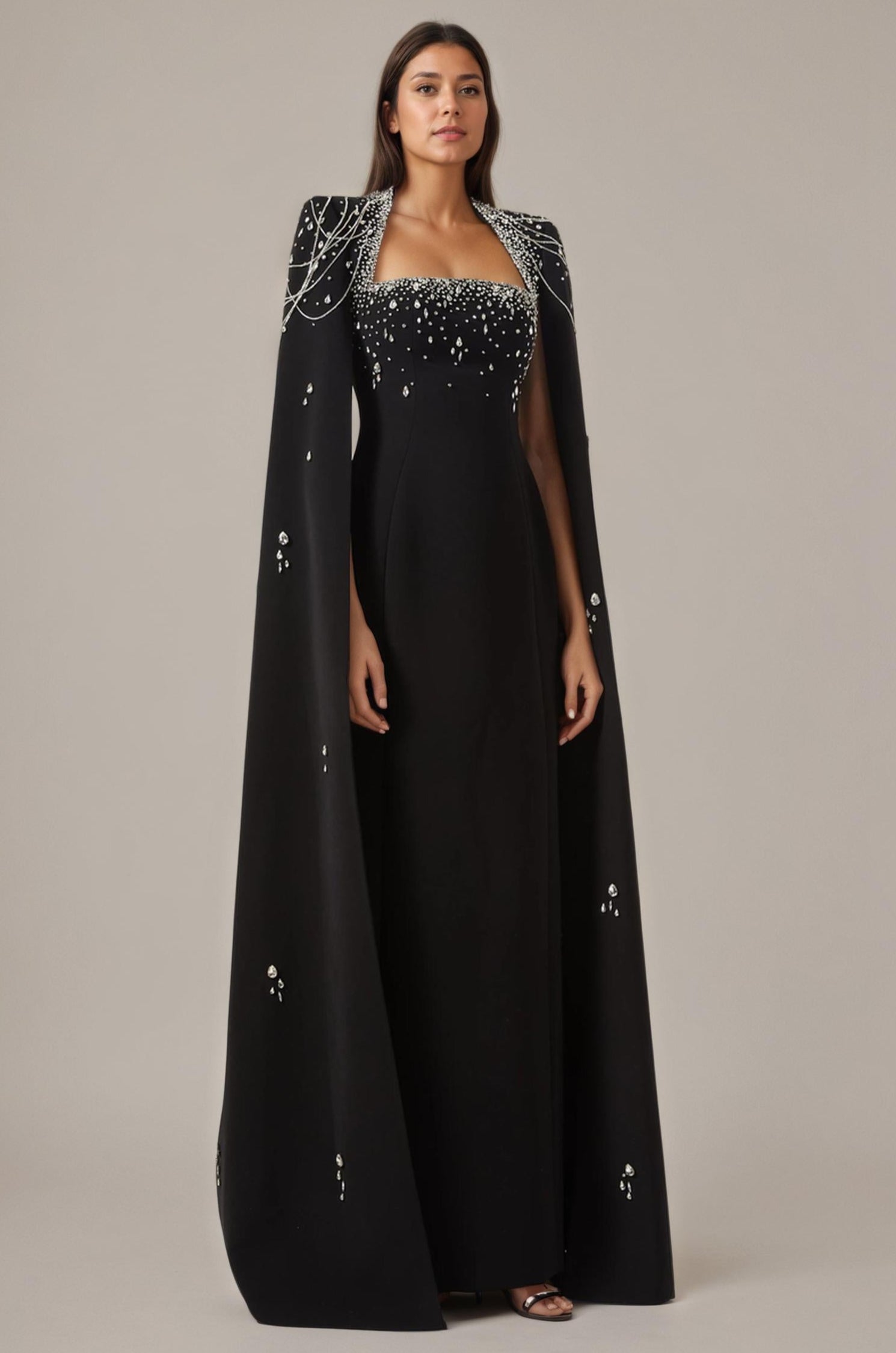 Celestial Chain Embellished black Cape Gown