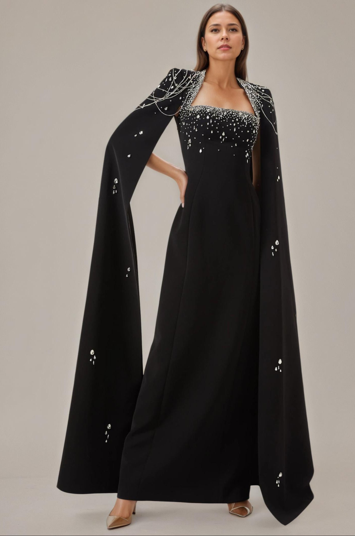Celestial Chain Embellished black Cape Gown