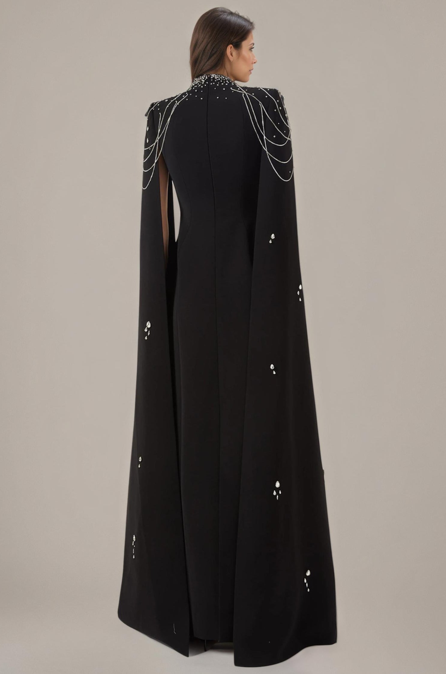 Celestial Chain Embellished black Cape Gown