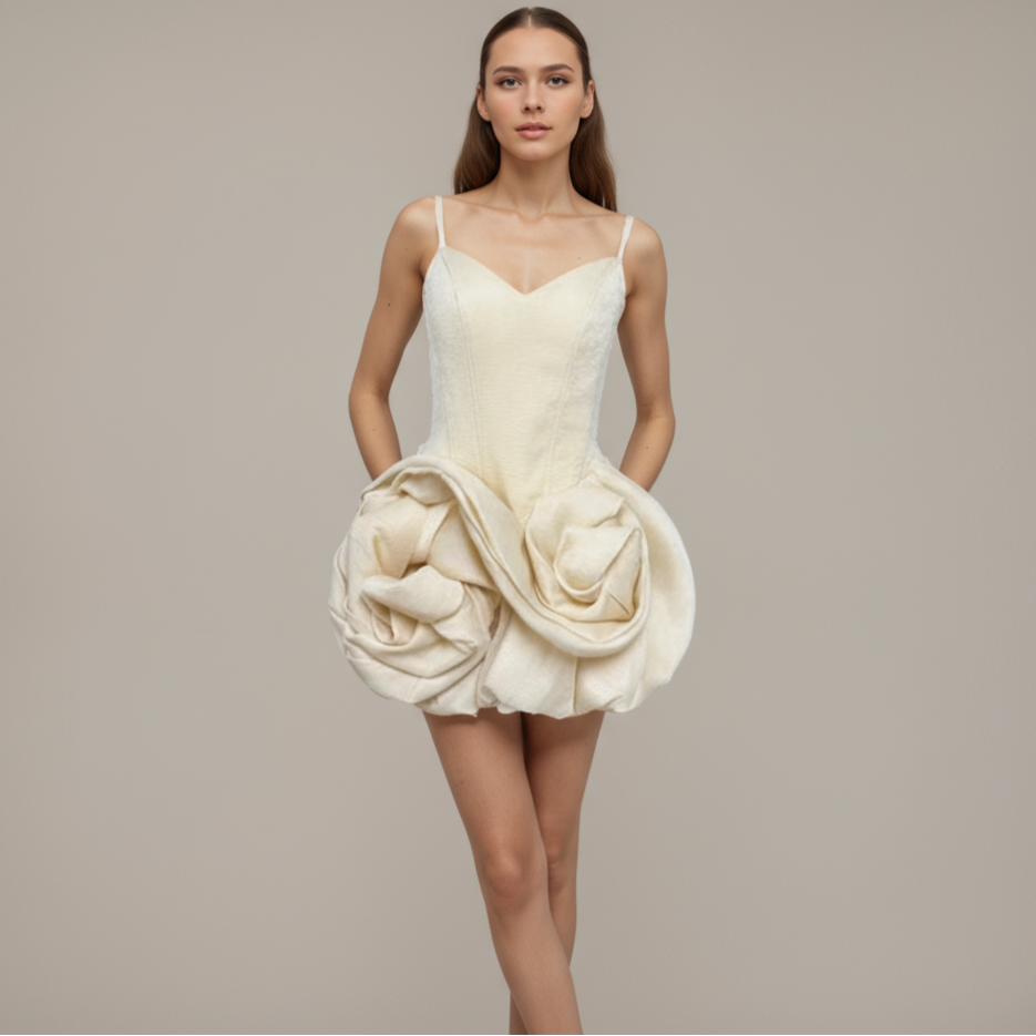 Ivory Sculptural Rosette Bubble Mini Dress
