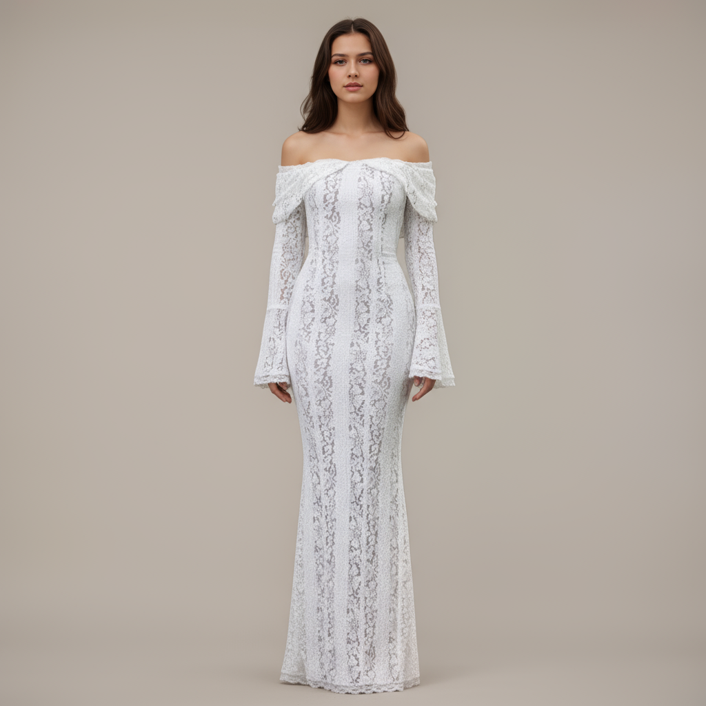 Ivory Lace Bell-Sleeve Siren Gown