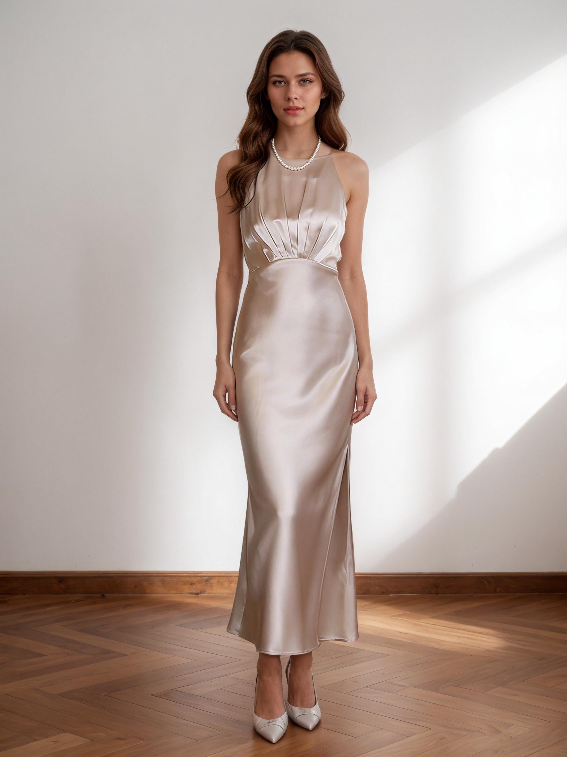 Elise Bias-Cut Satin Halter Maxi Gown