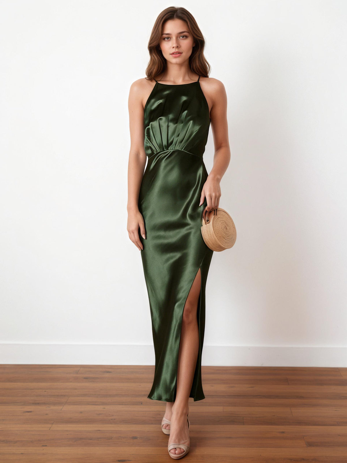 Elise Bias-Cut Satin Halter Maxi Gown
