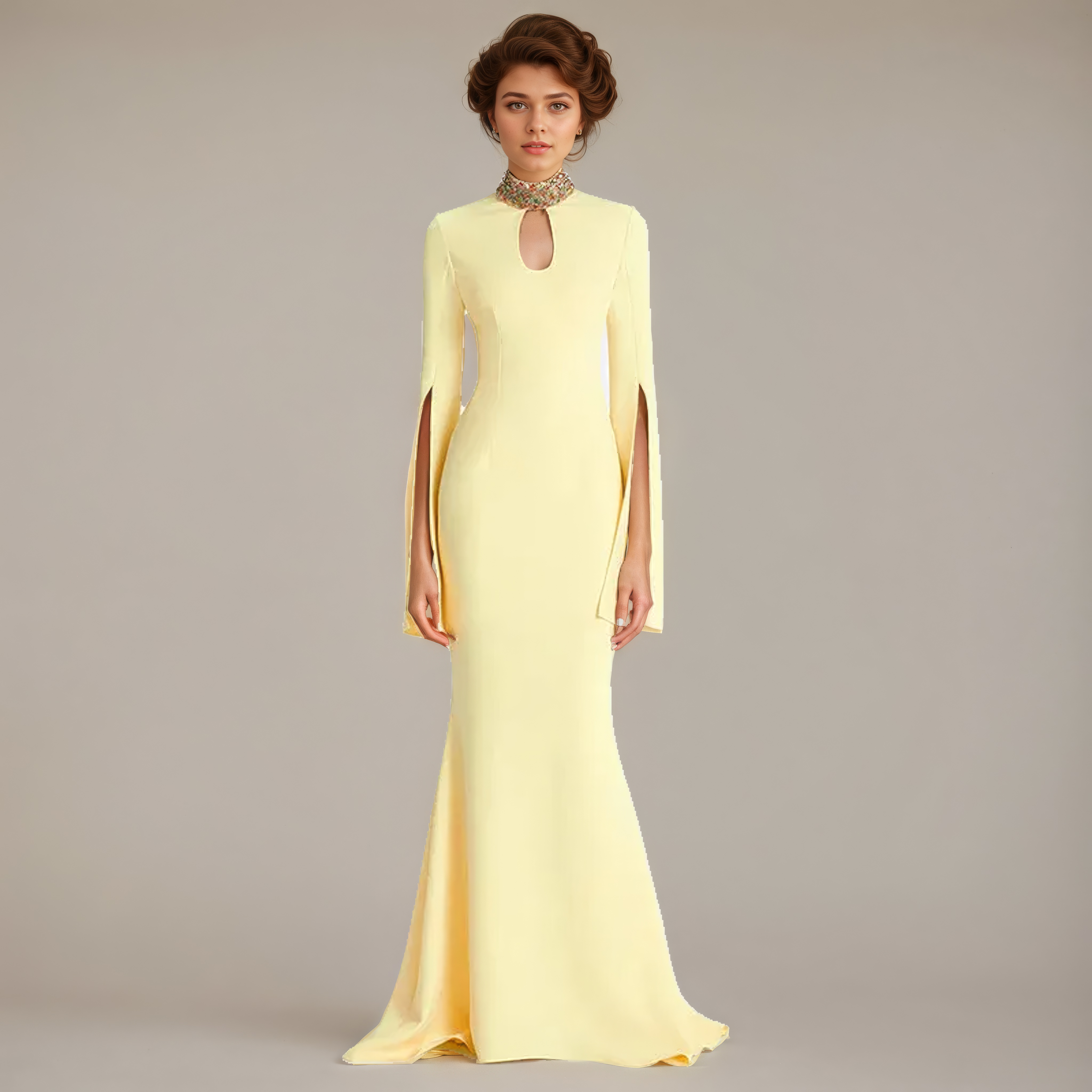 Citrine Muse Beaded Collar Gown with Slit Sleeves