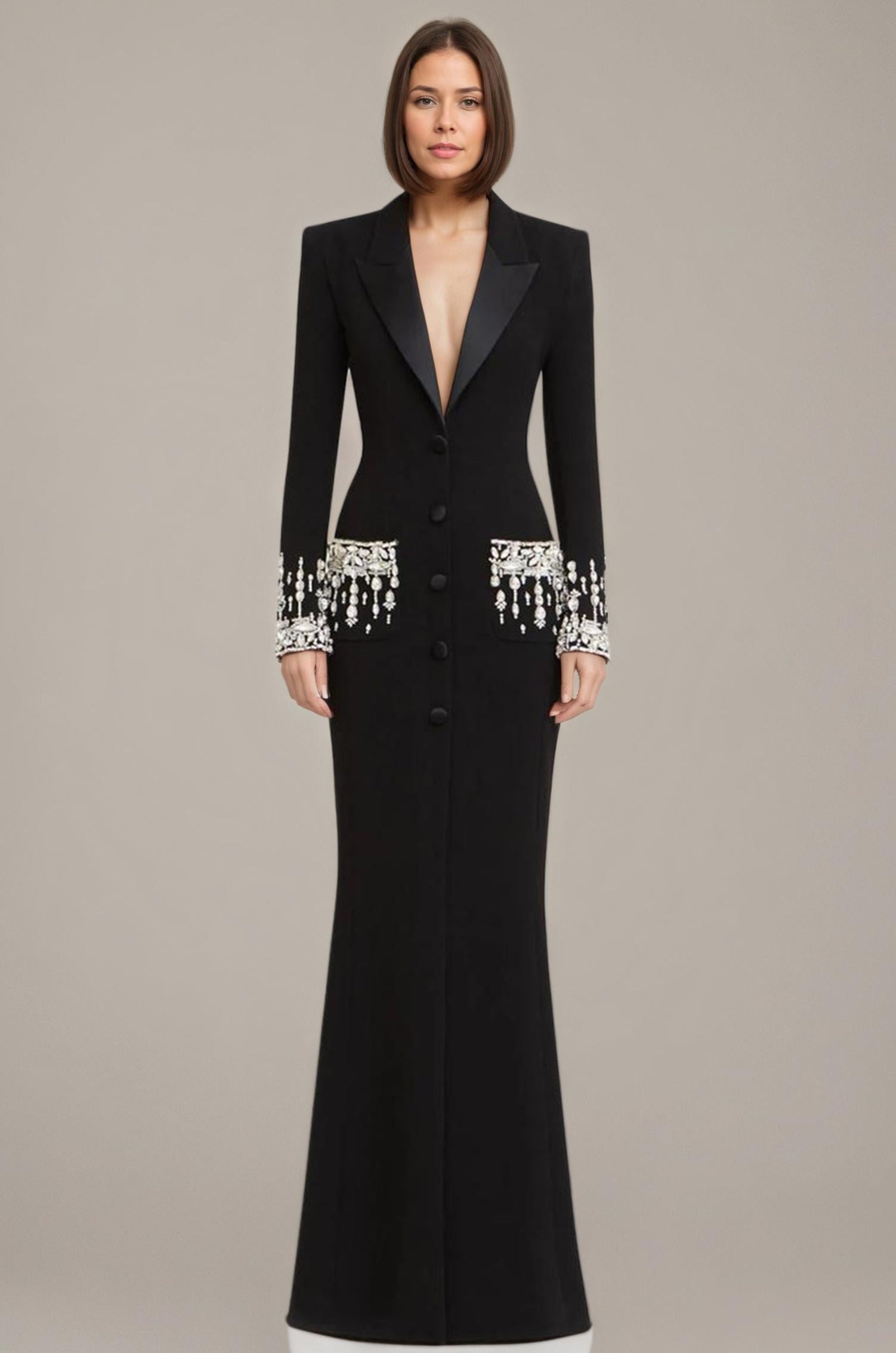 Crystal Beaded Tuxedo-Collar Mermaid Gown