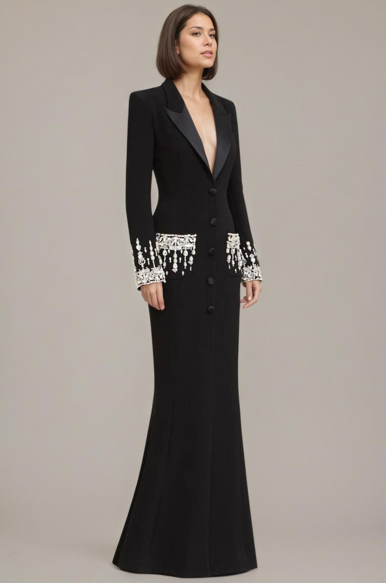 Crystal Beaded Tuxedo-Collar Mermaid Gown