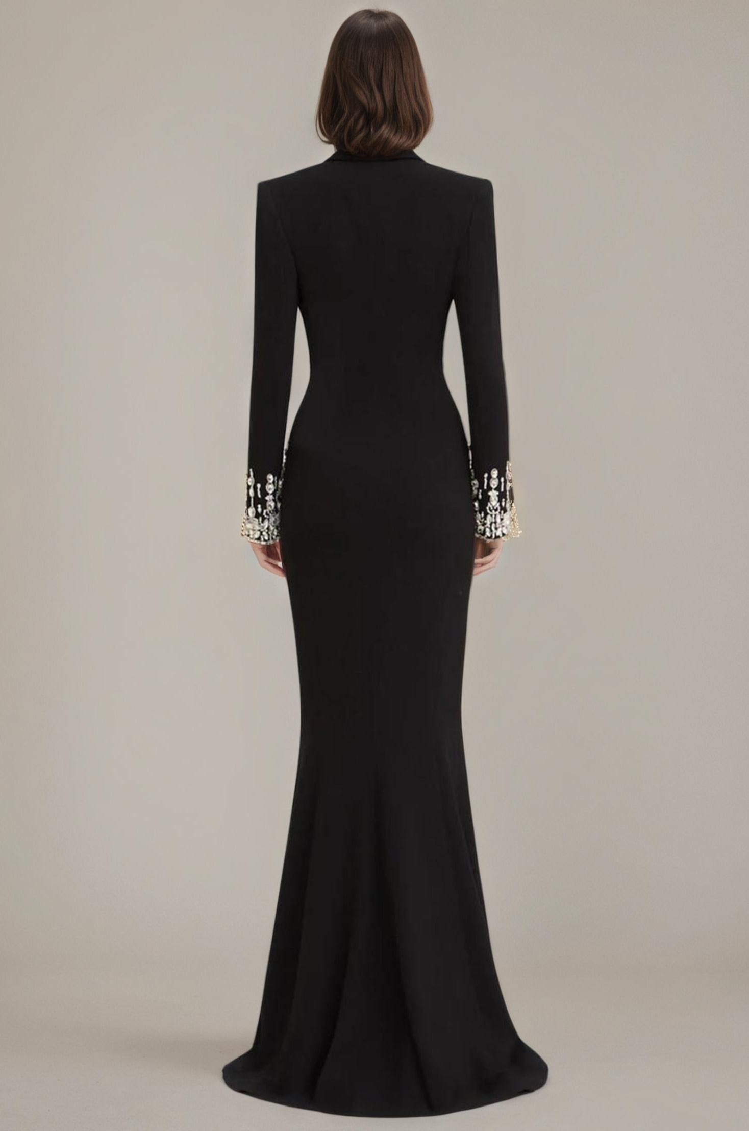 Crystal Beaded Tuxedo-Collar Mermaid Gown