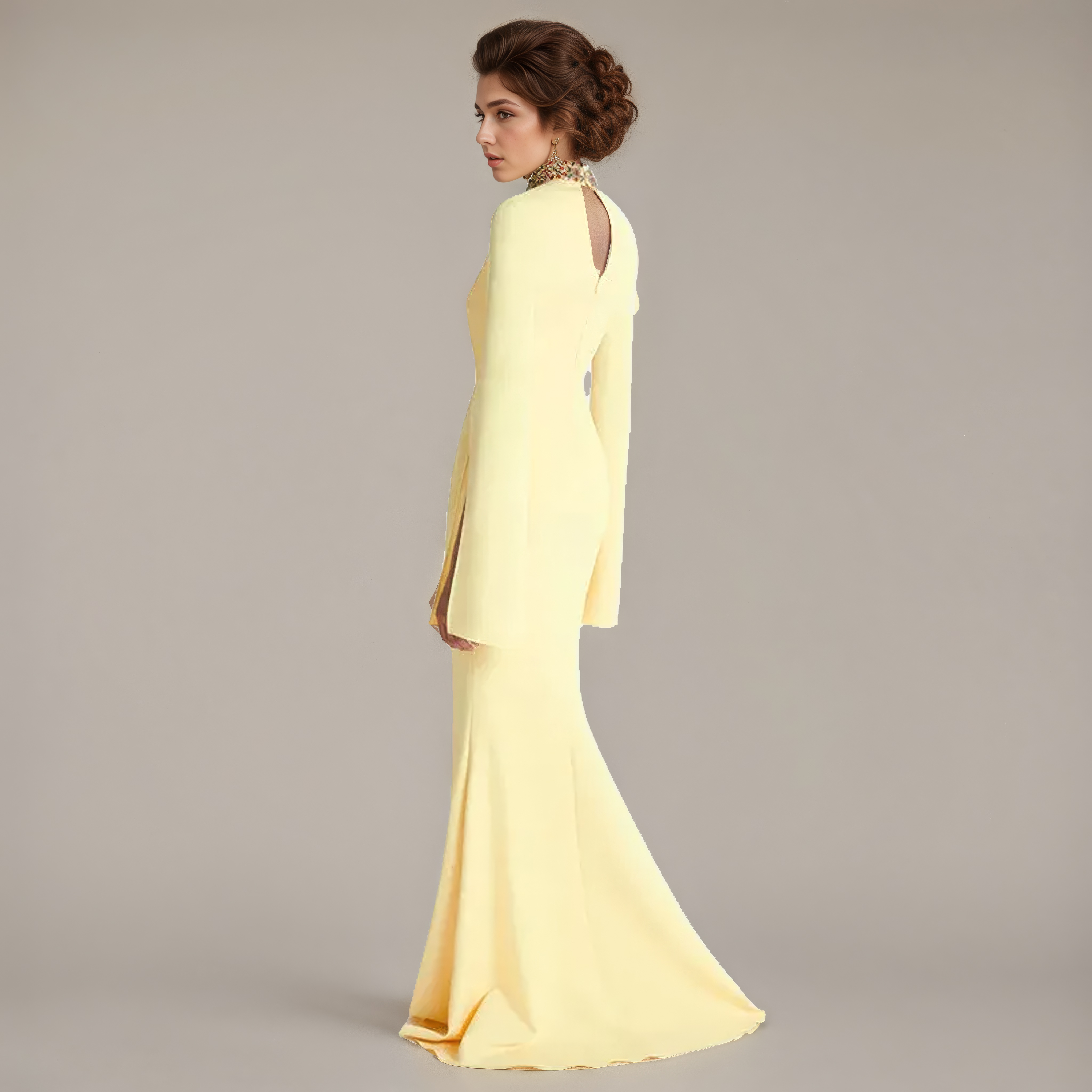 Citrine Muse Beaded Collar Gown with Slit Sleeves