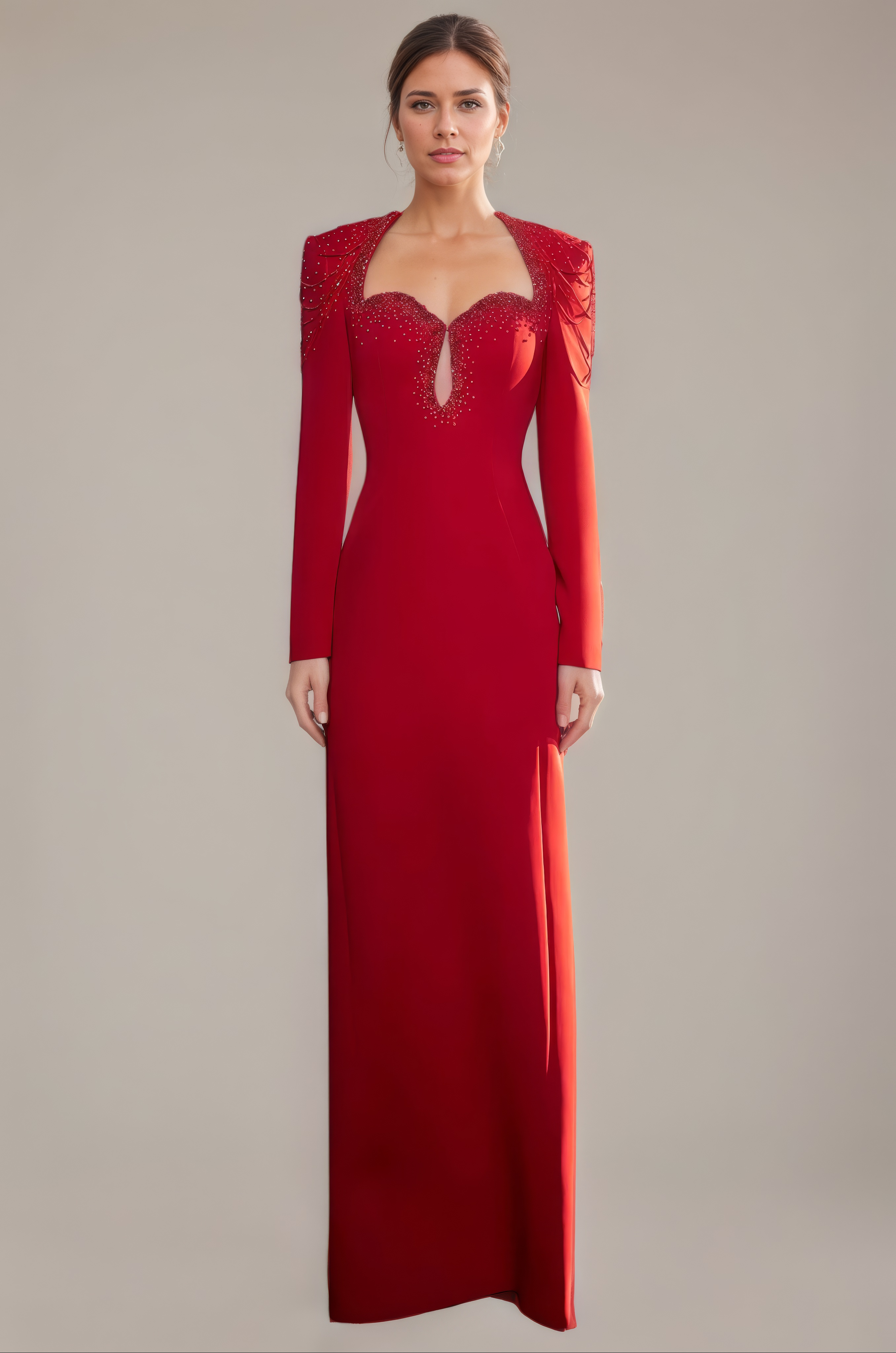 Crimson Beaded Keyhole Long-Sleeve Evening Gown
