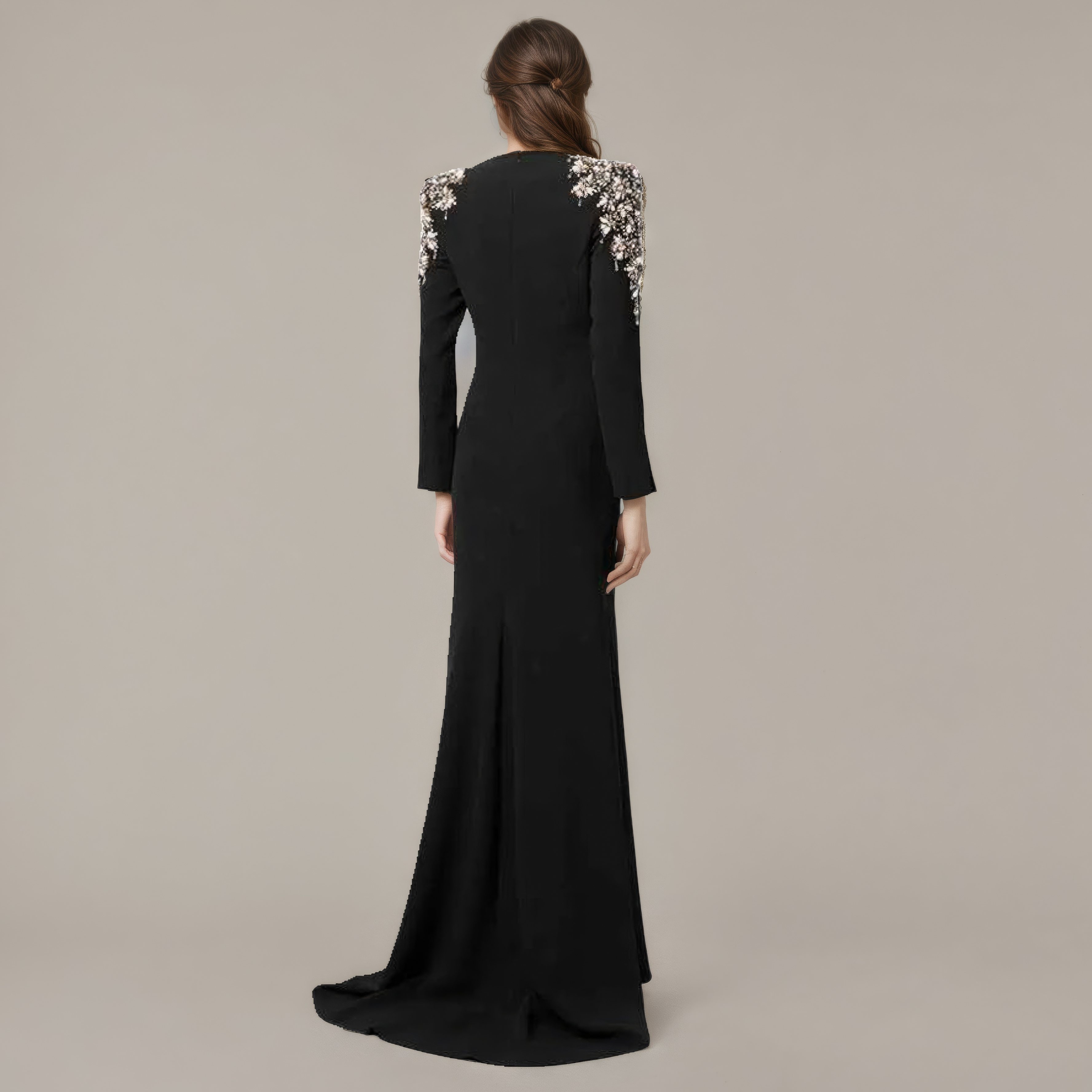 Onyx Crest Embellished Shoulder Sculpted Gown