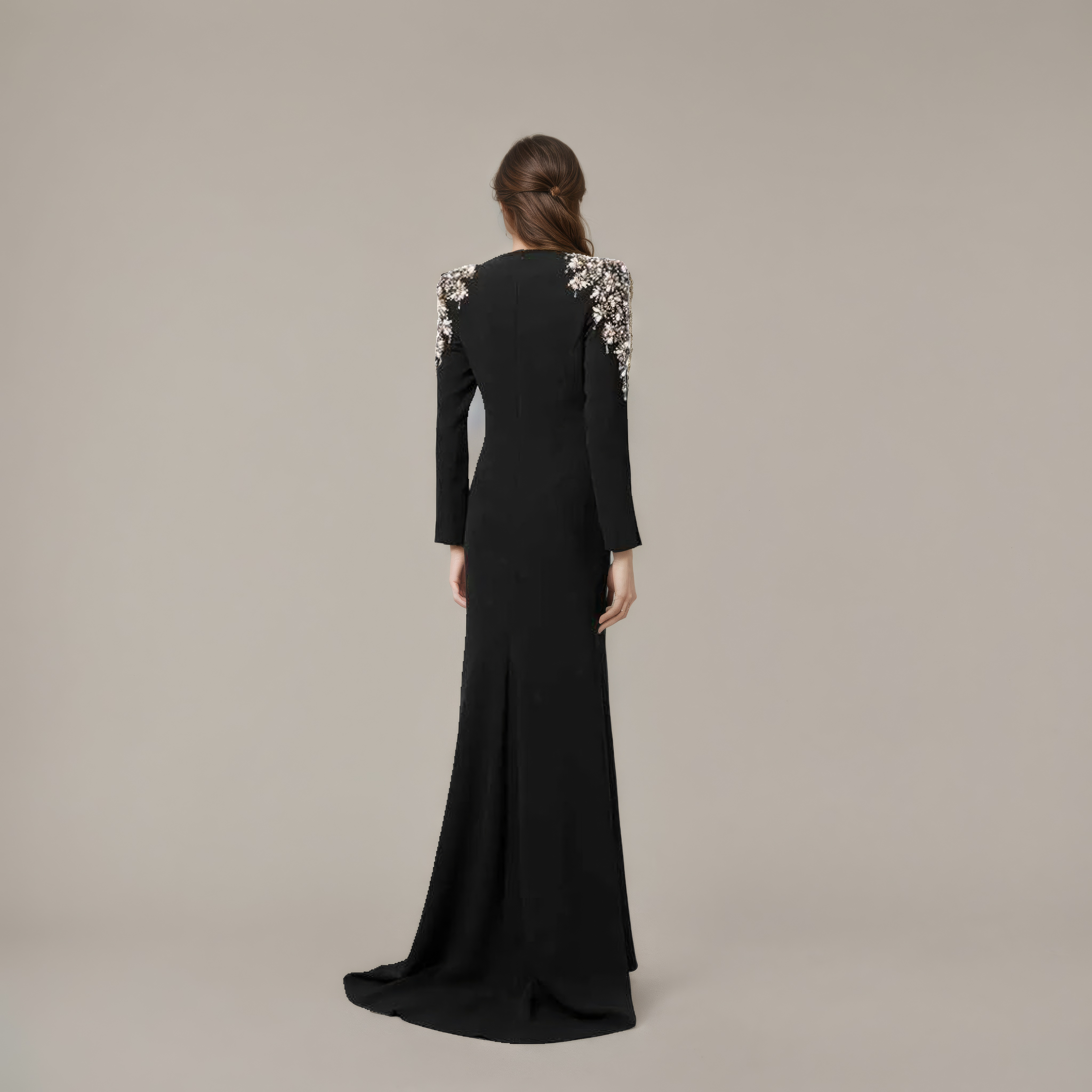 Onyx Crest Embellished Shoulder Sculpted Gown