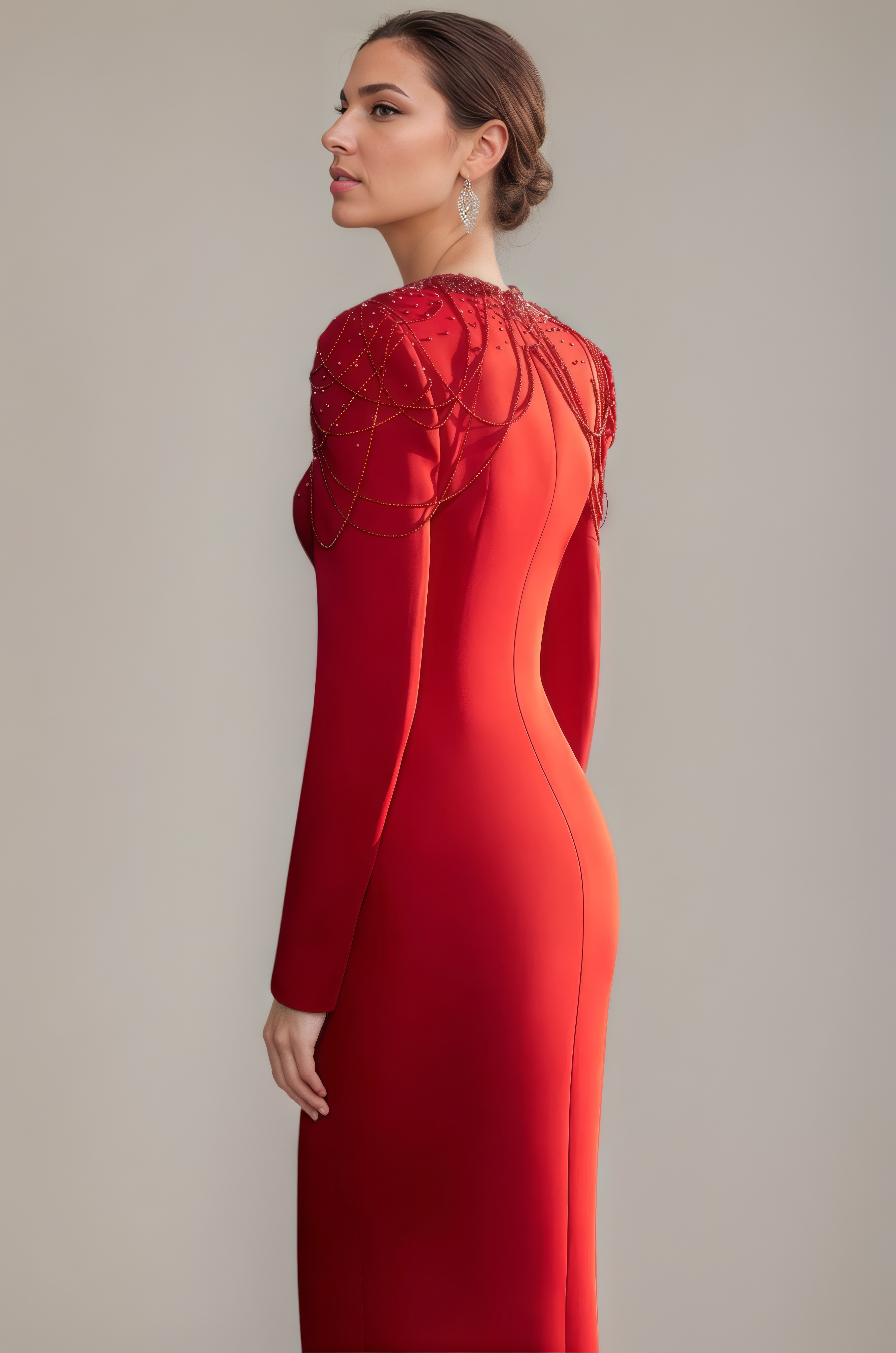 Crimson Beaded Keyhole Long-Sleeve Evening Gown