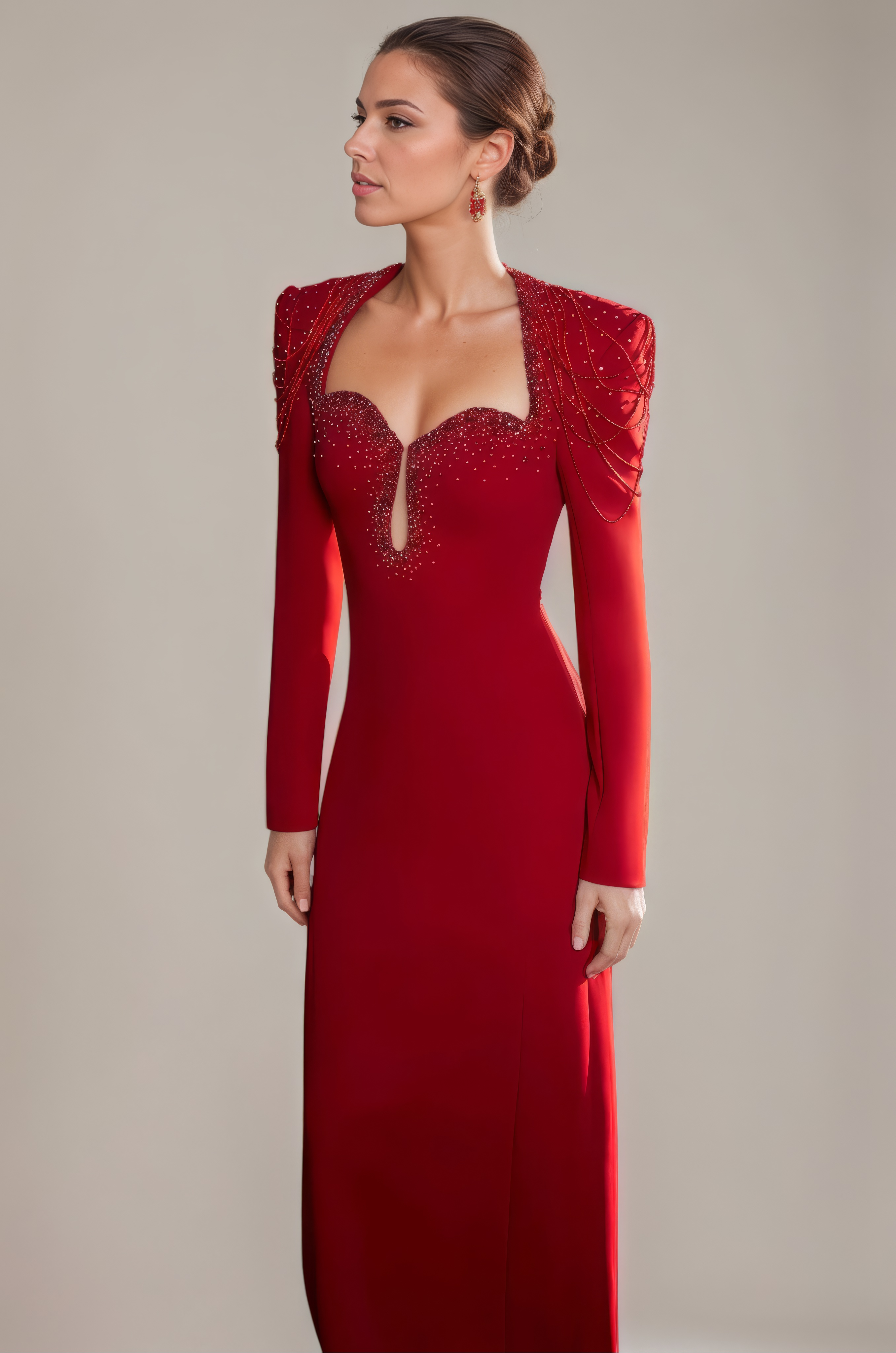 Crimson Beaded Keyhole Long-Sleeve Evening Gown