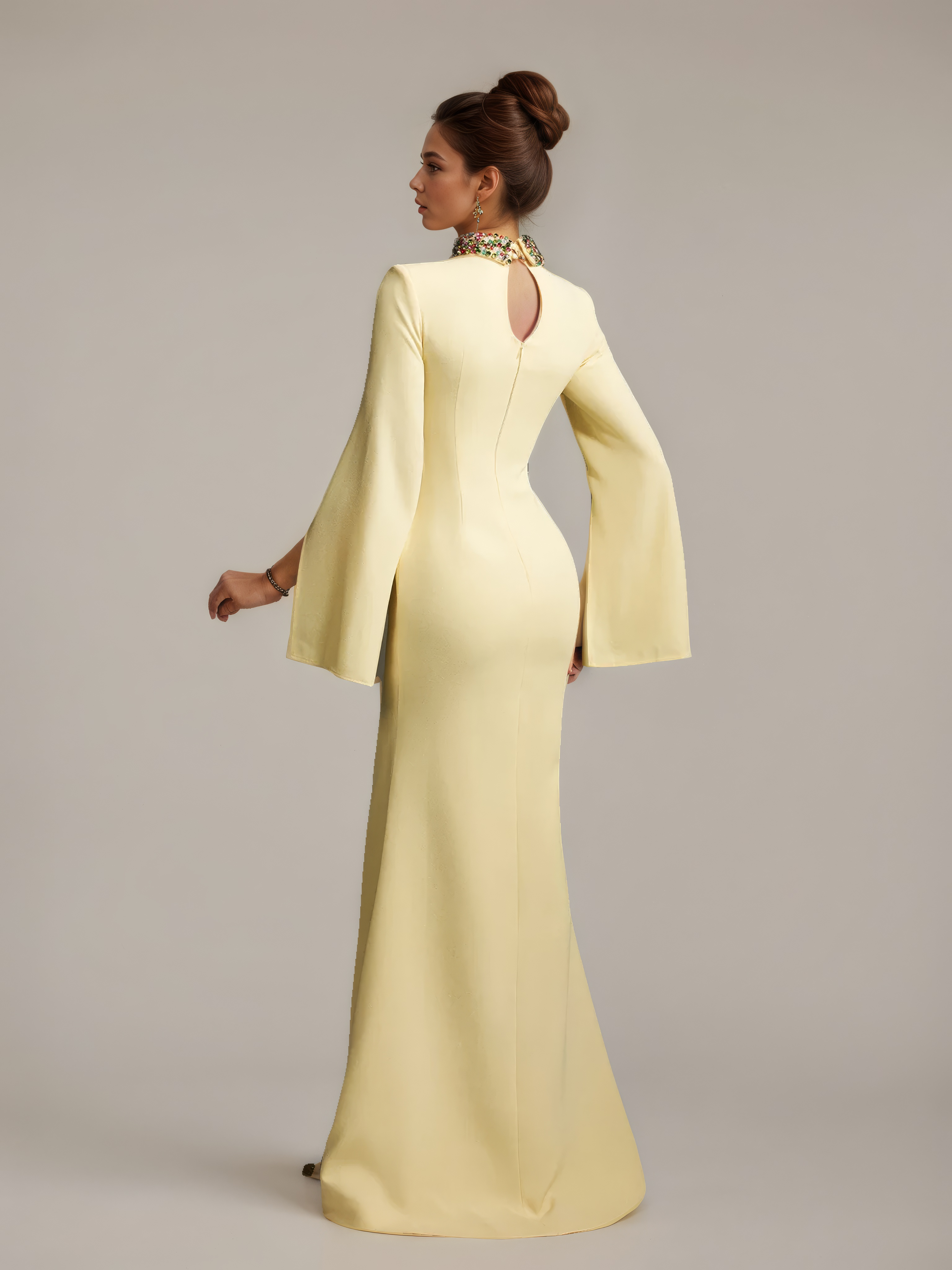 Citrine Muse Beaded Collar Gown with Slit Sleeves