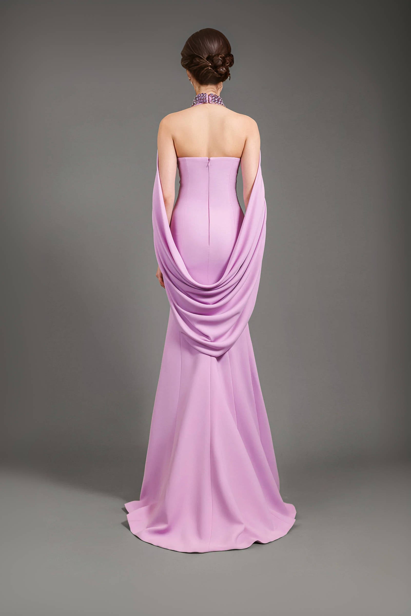 Embellished Halterneck Gown with Draped Cape