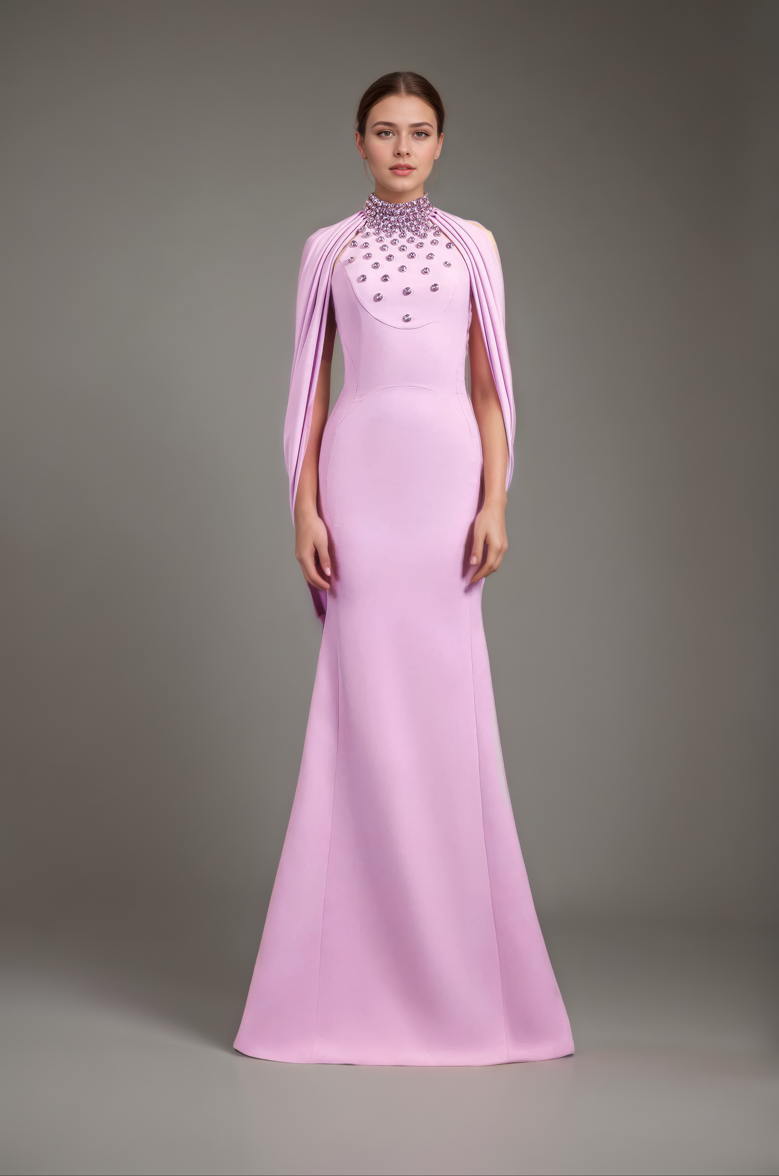 Embellished Halterneck Gown with Draped Cape