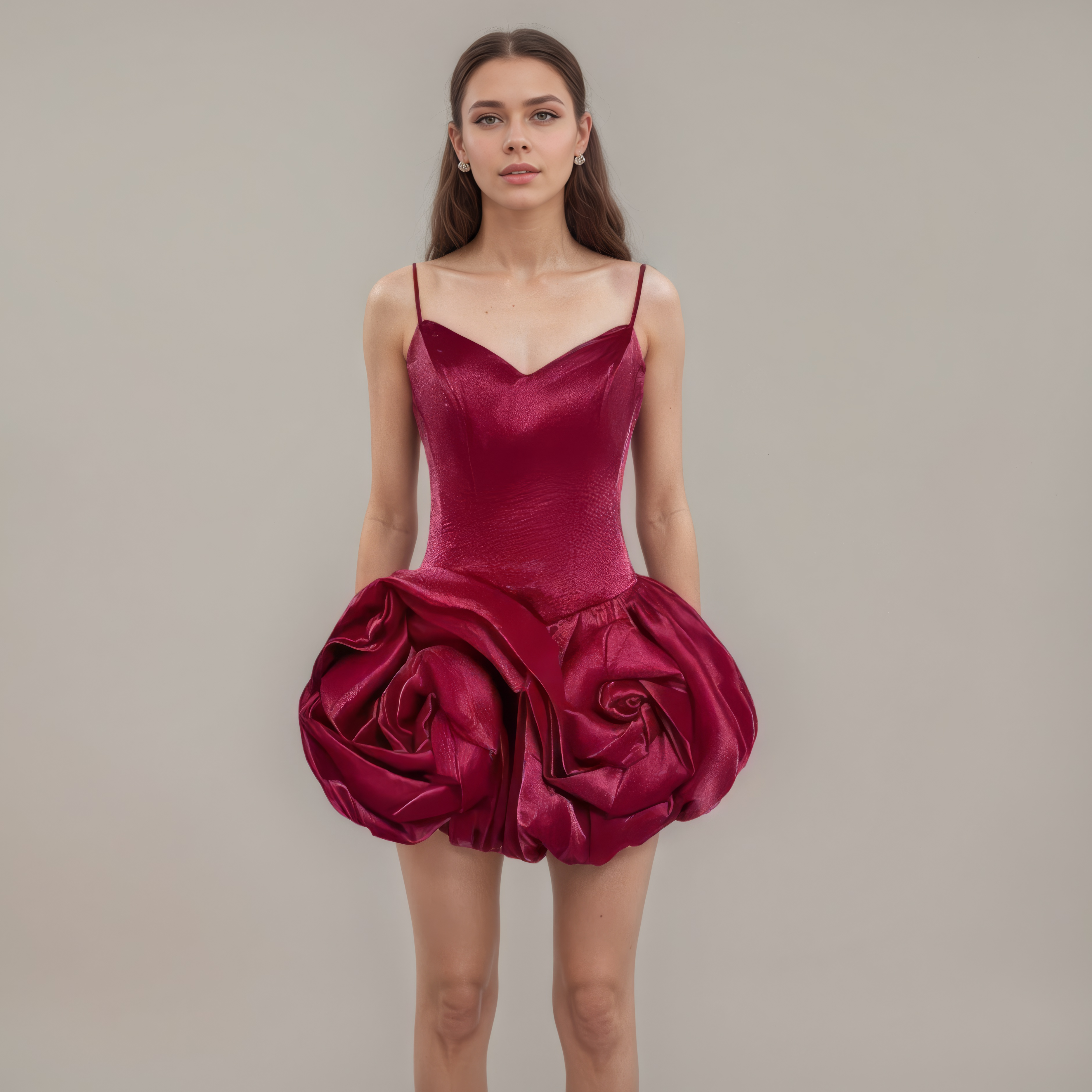 Woman wearing a burgundy dress with a voluminous skirt against a plain background