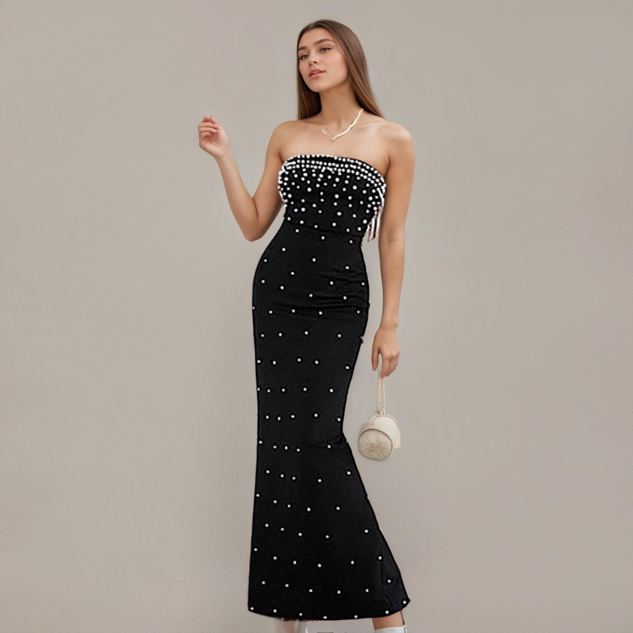 Pearl-Studded Black Strapless Column Maxi Dress