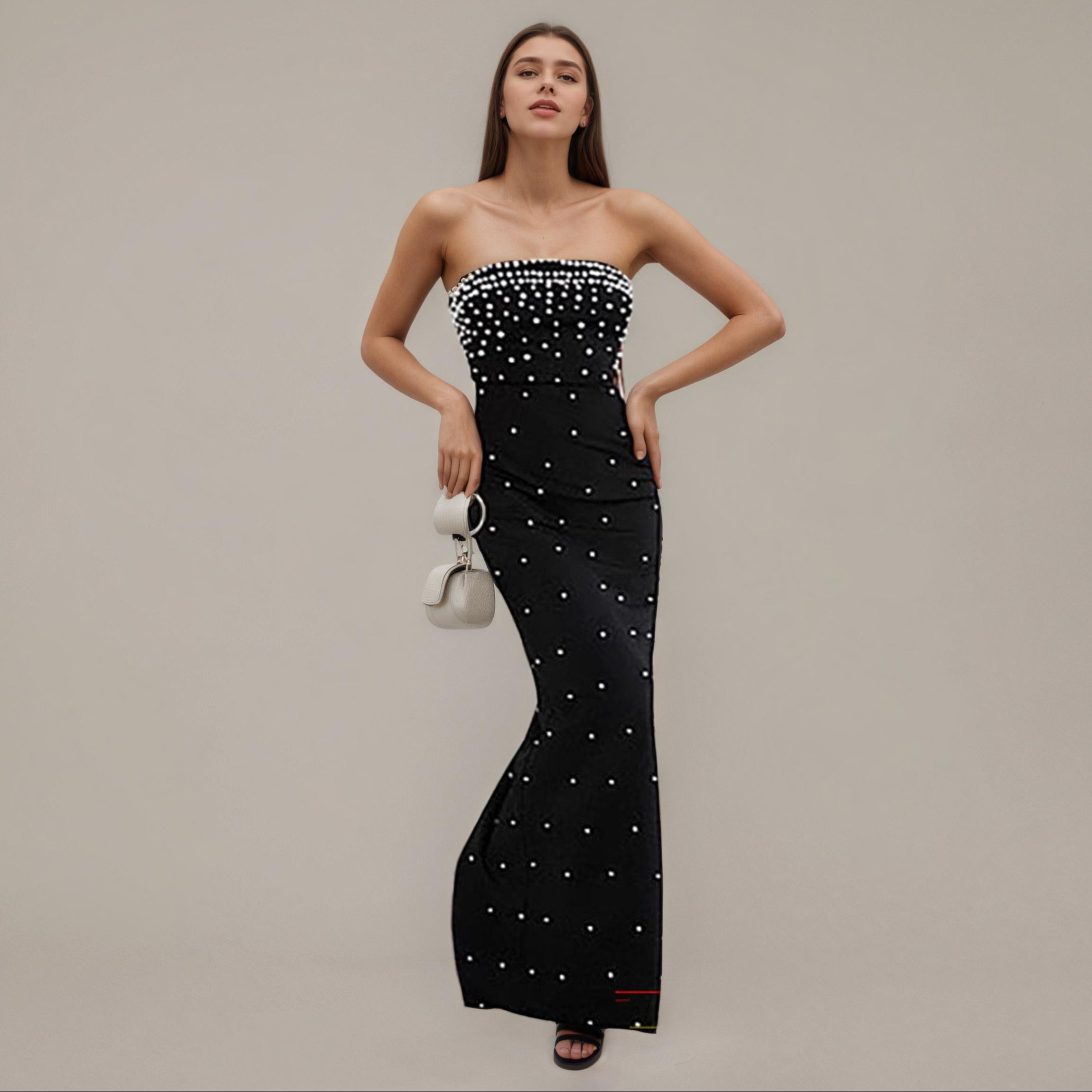 Pearl-Studded Black Strapless Column Maxi Dress