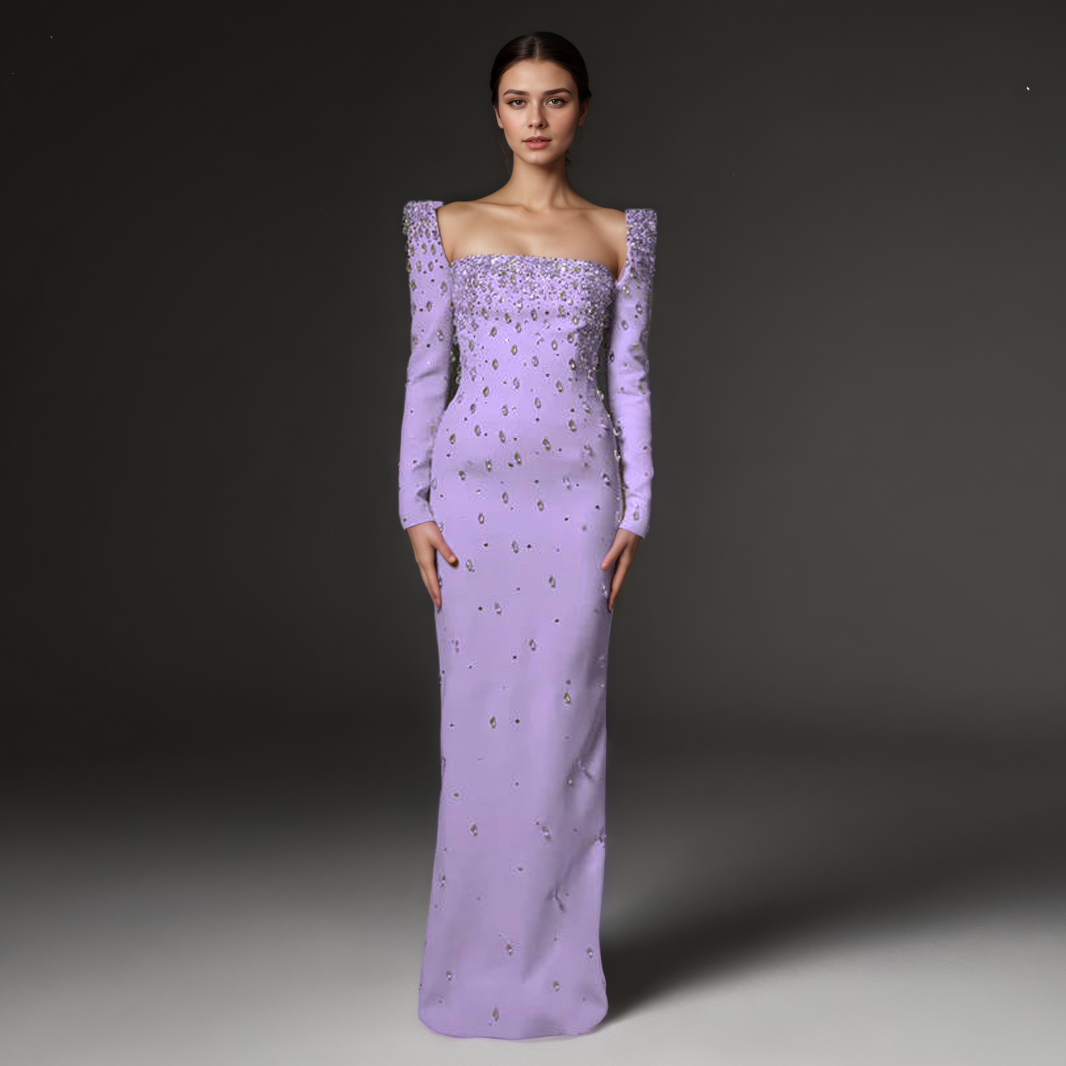 Lilac Square-Neck Crystal-Embellished Evening Gown
