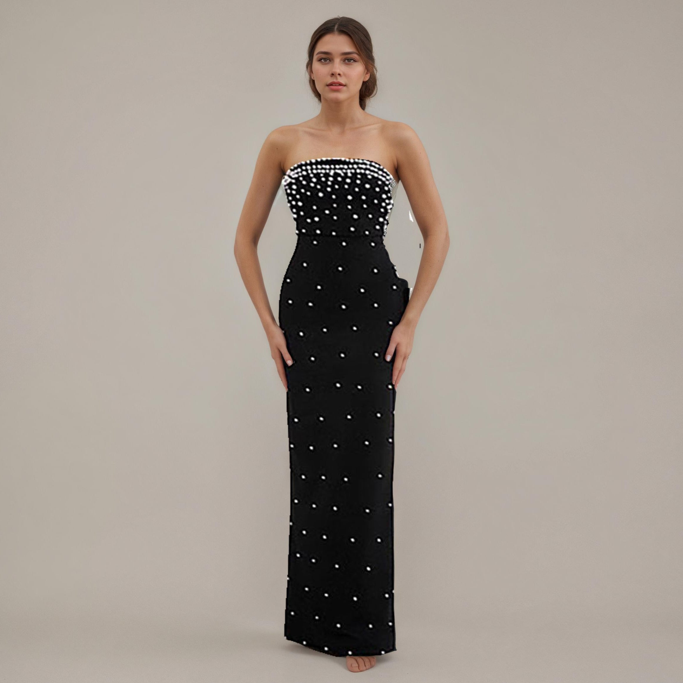Pearl-Studded Black Strapless Column Maxi Dress