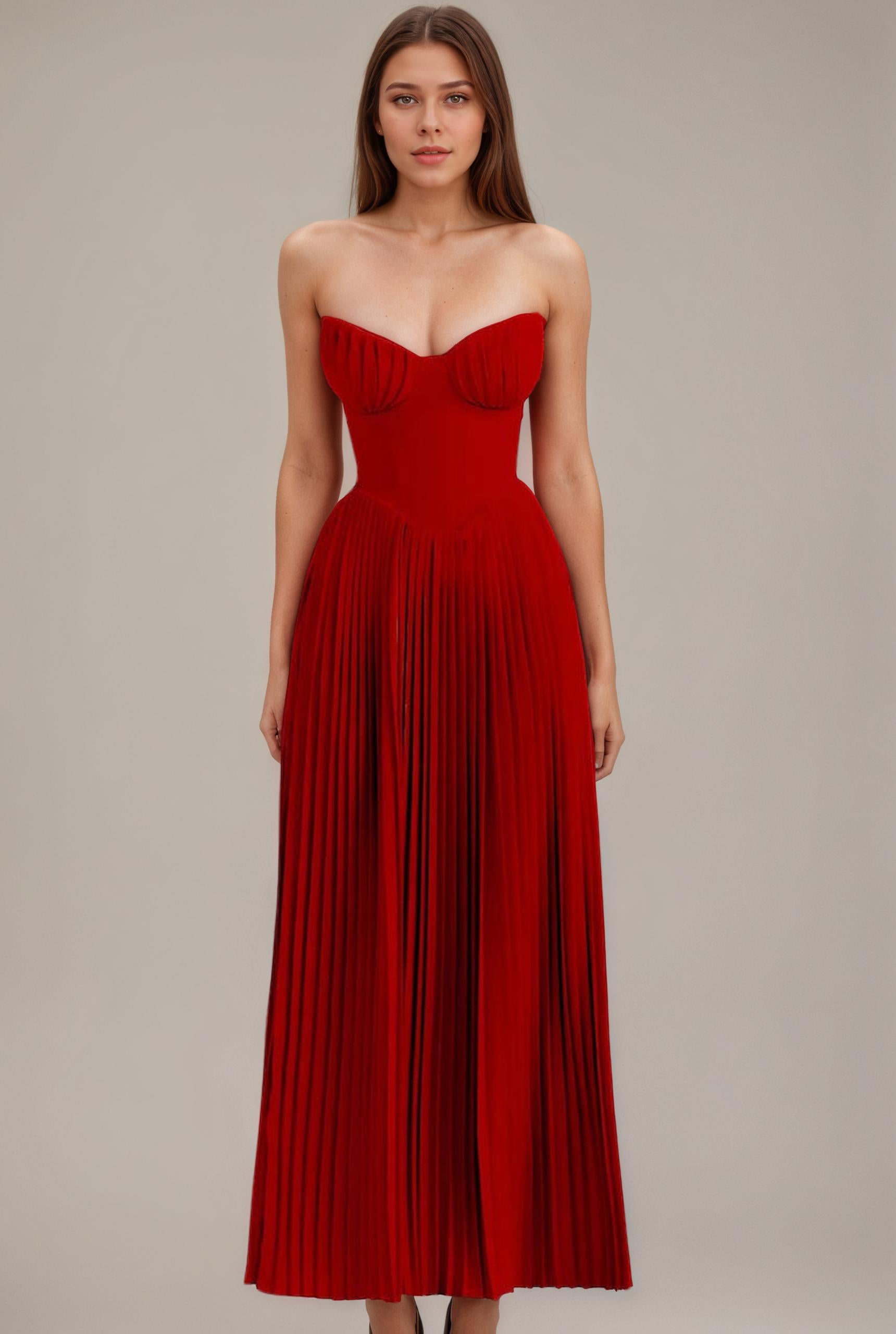 Strapless Corset Pleated Maxi Dress