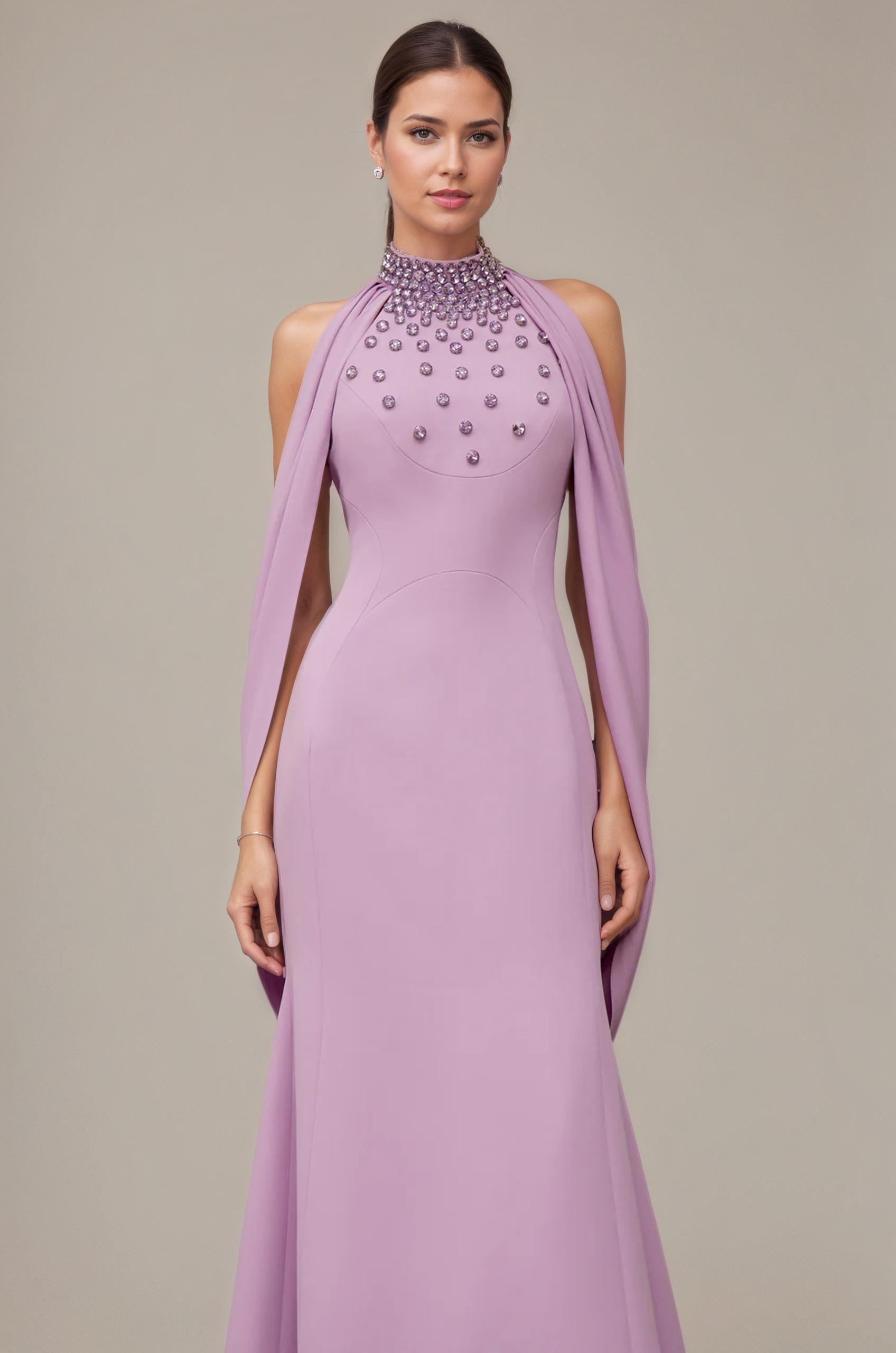 Embellished Halterneck Gown with Draped Cape