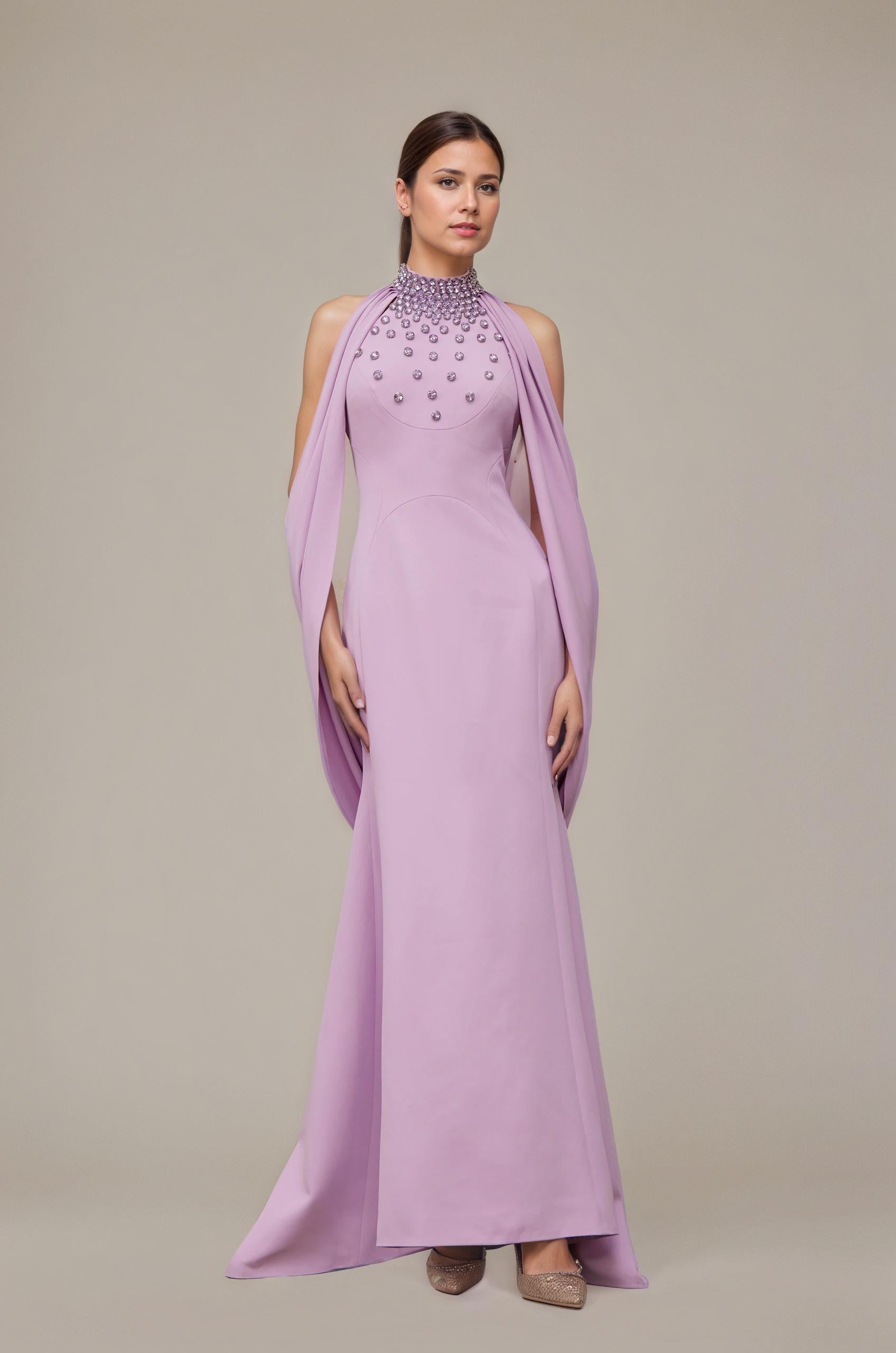 Embellished Halterneck Gown with Draped Cape