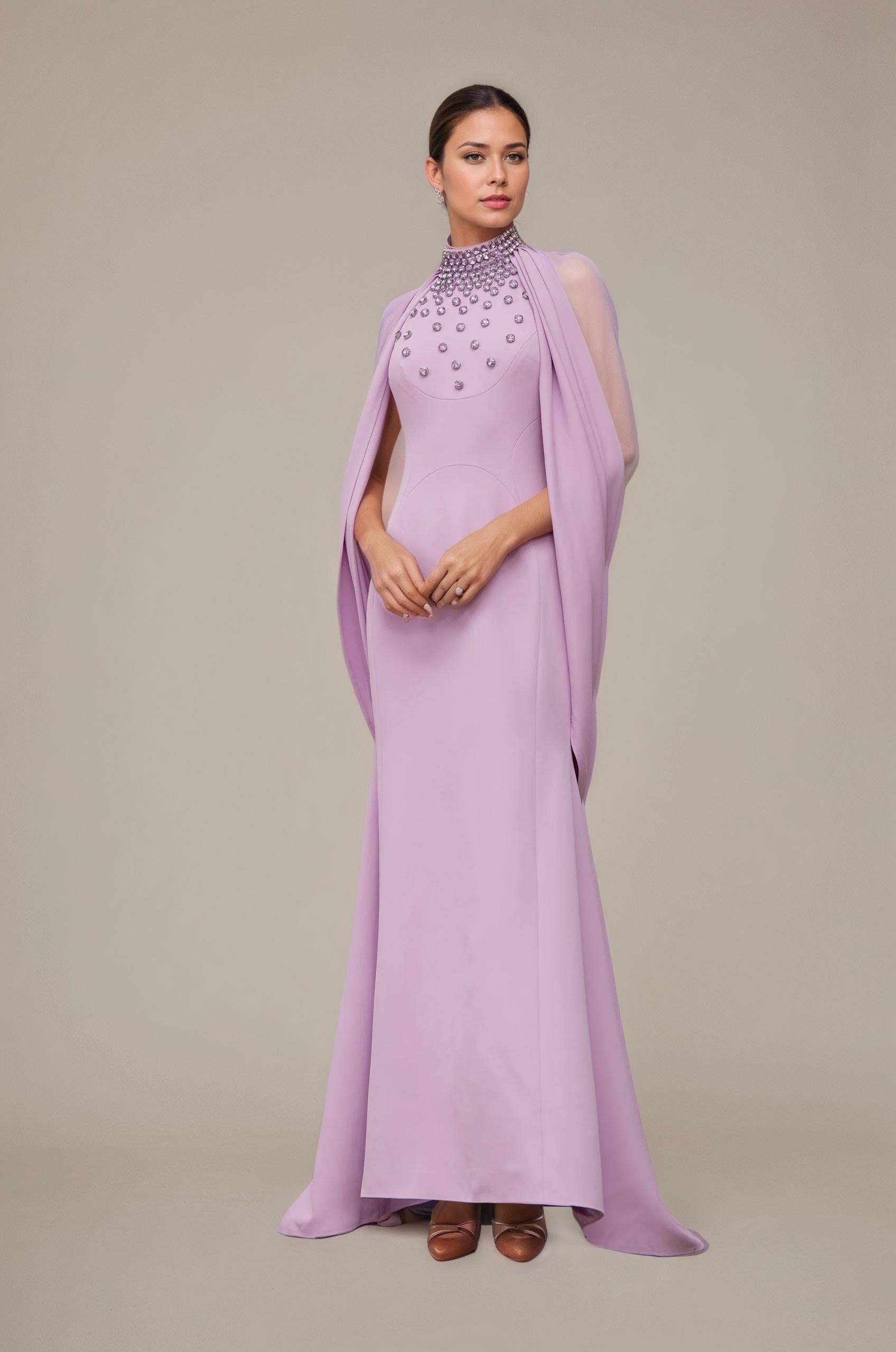 Embellished Halterneck Gown with Draped Cape