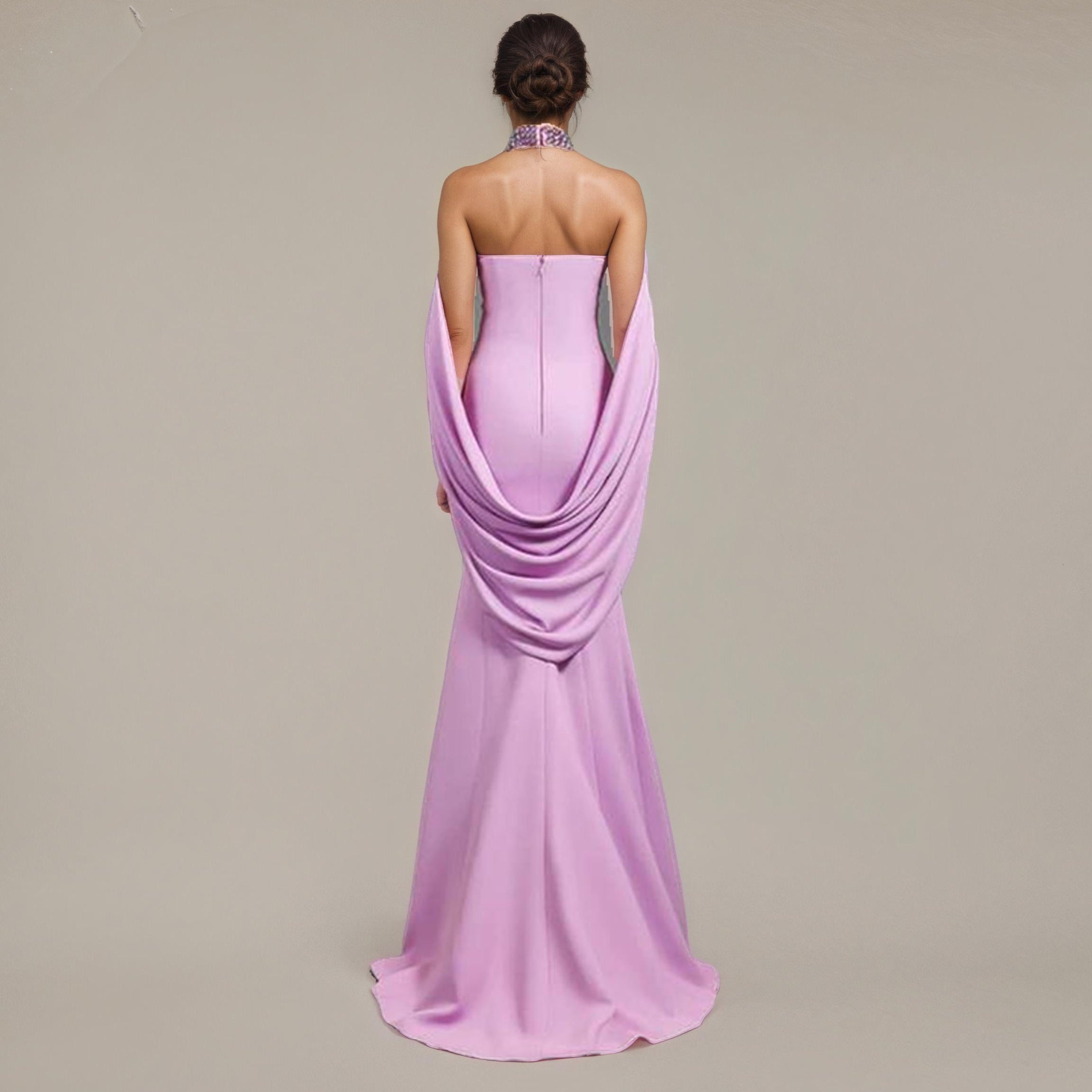 Embellished Halterneck Gown with Draped Cape