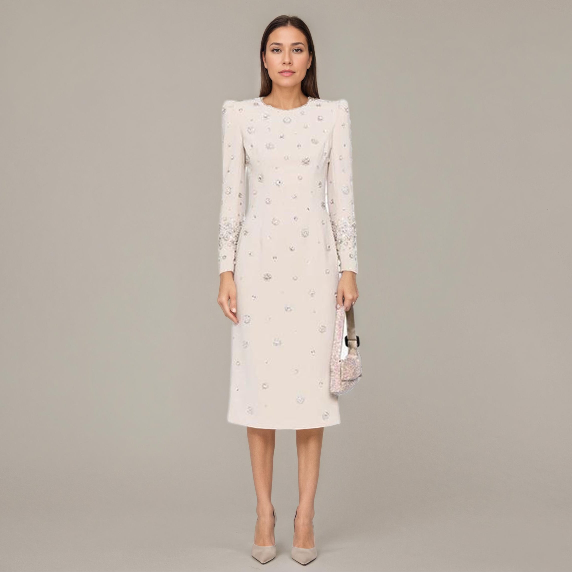 Elegant Crystal-Embellished Midi-Length Evening Dress
