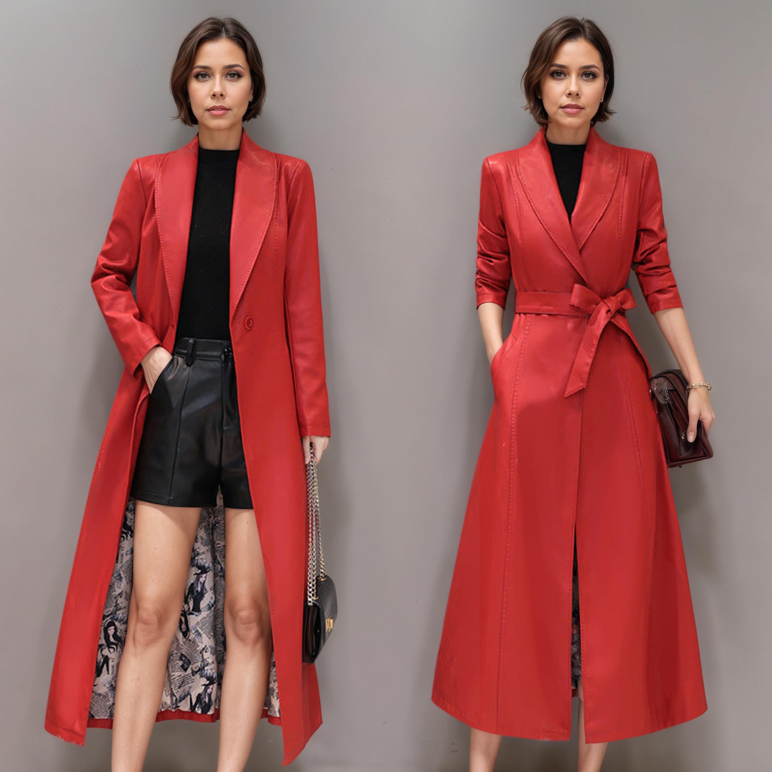 Belted Faux Leather Longline Wrap Coat