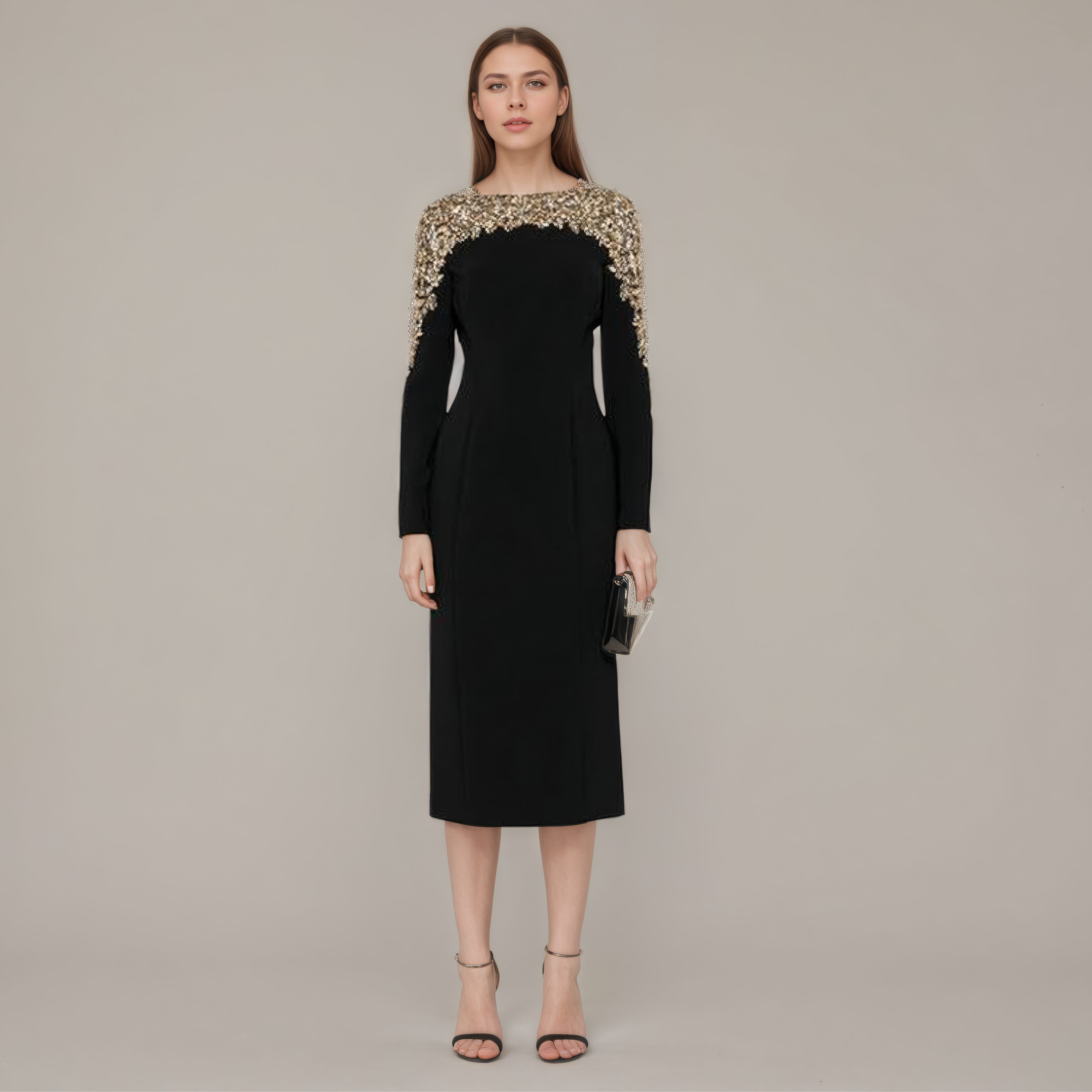 Beaded Illusion Shoulder Long Sleeve Dress