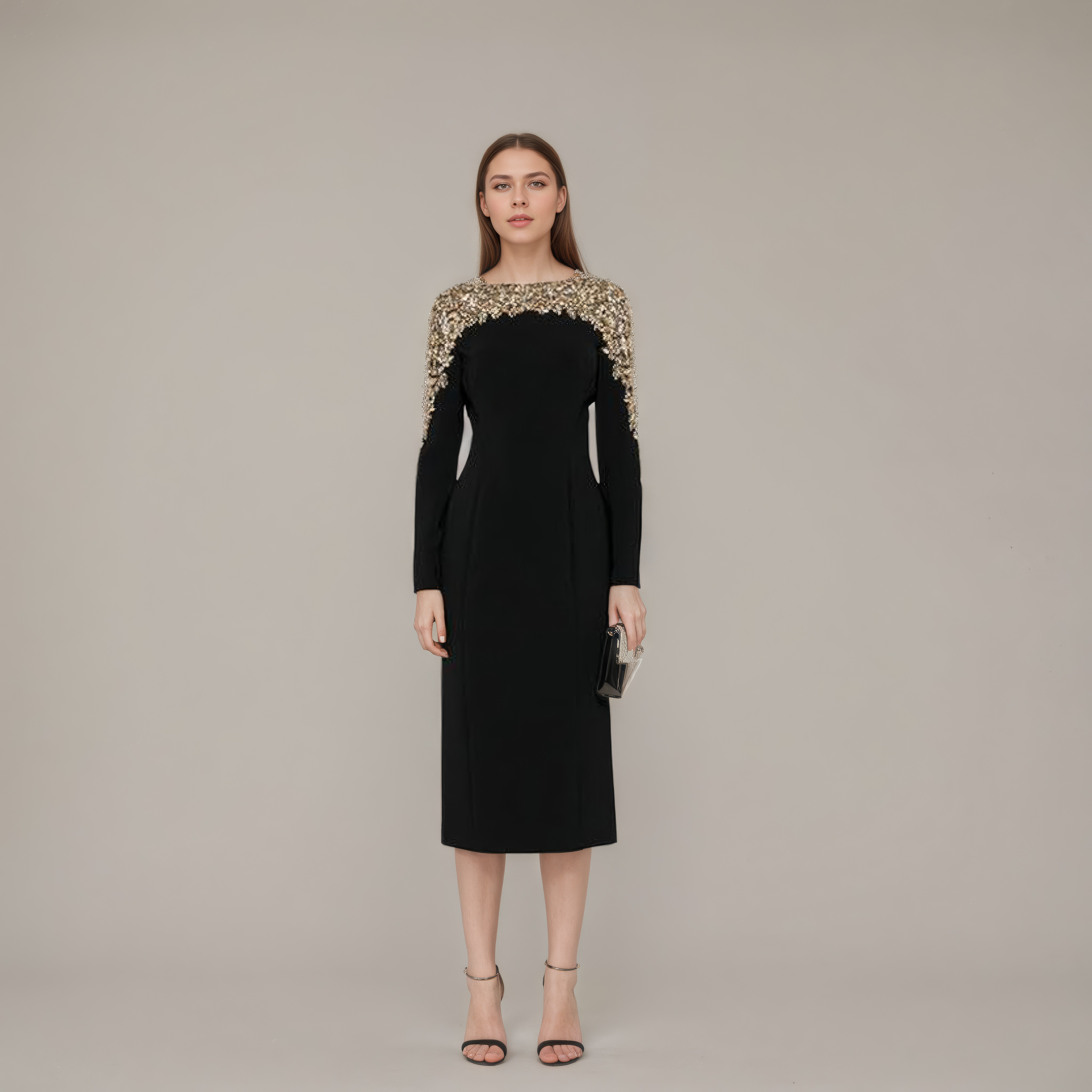 Beaded Illusion Shoulder Long Sleeve Dress