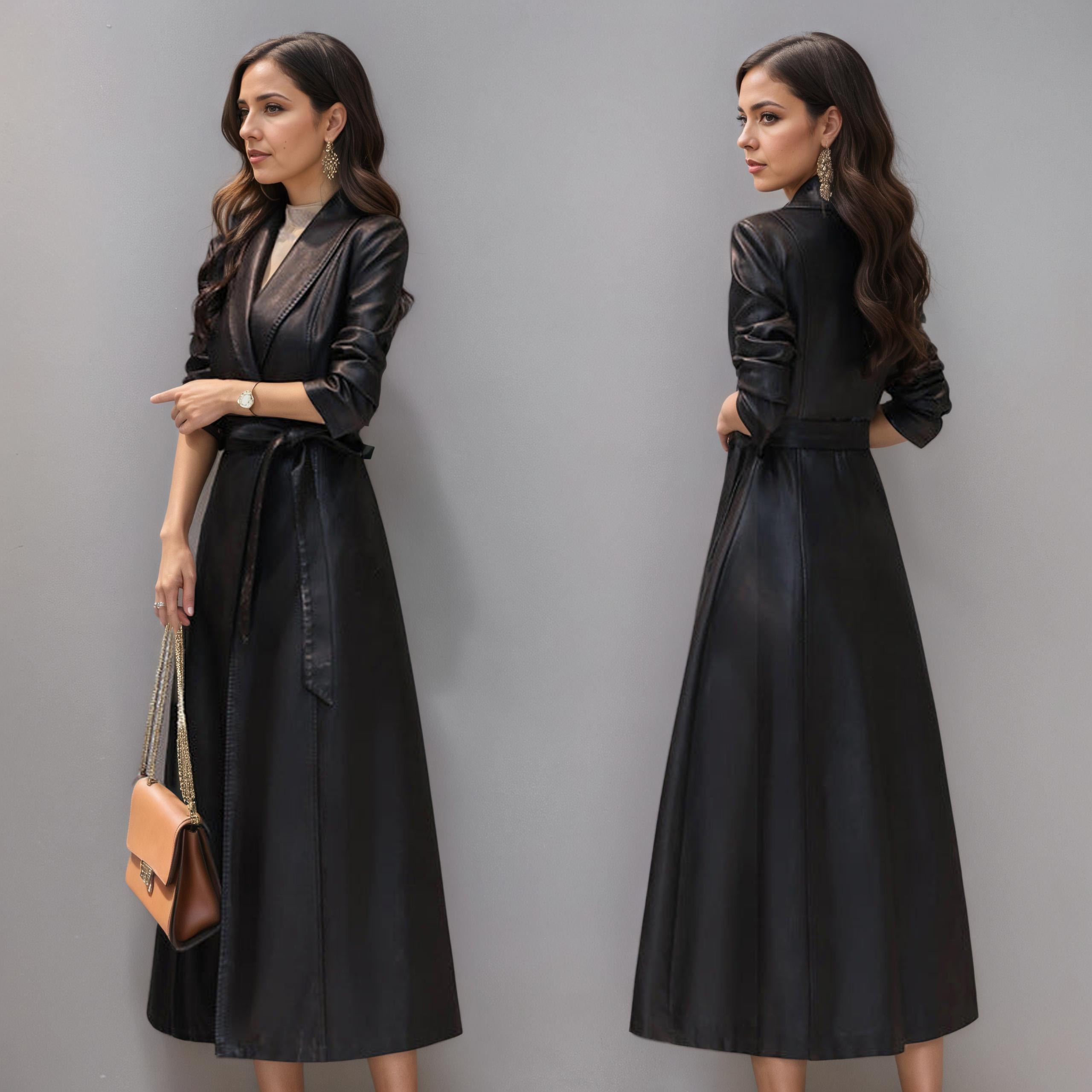 Belted Faux Leather Longline Wrap Coat