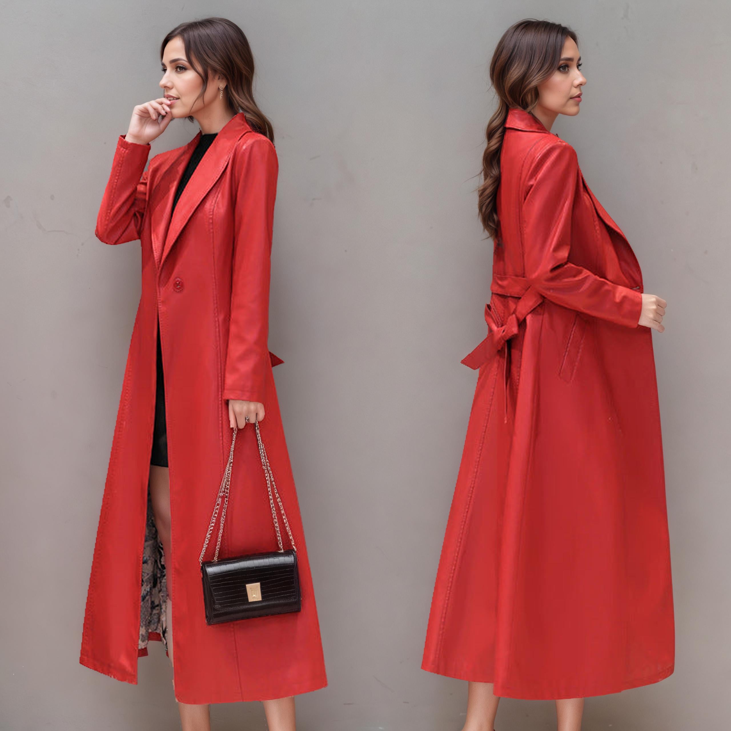Belted Faux Leather Longline Wrap Coat