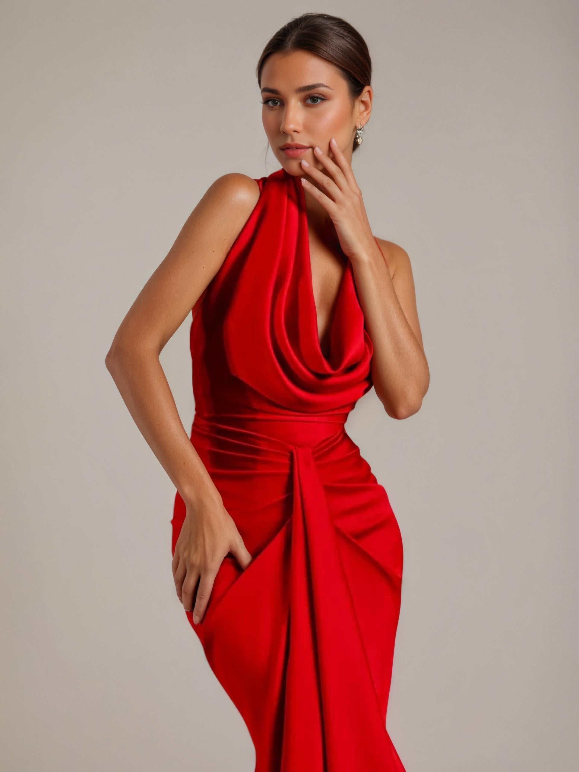Lucienne Drape Cowl Neck Halter Gown