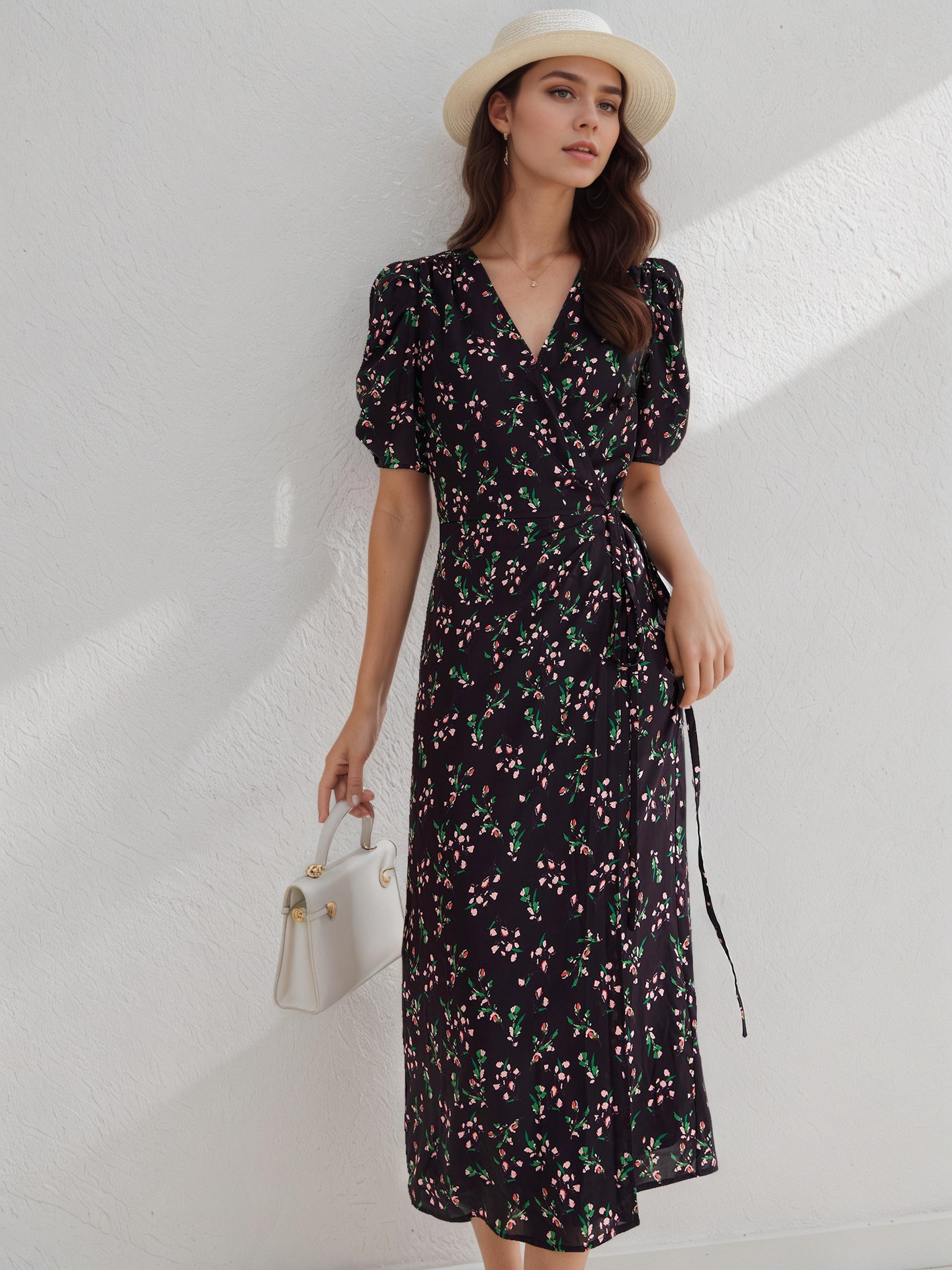 Lysandre Black Floral Mulberry Silk Wrap Dress