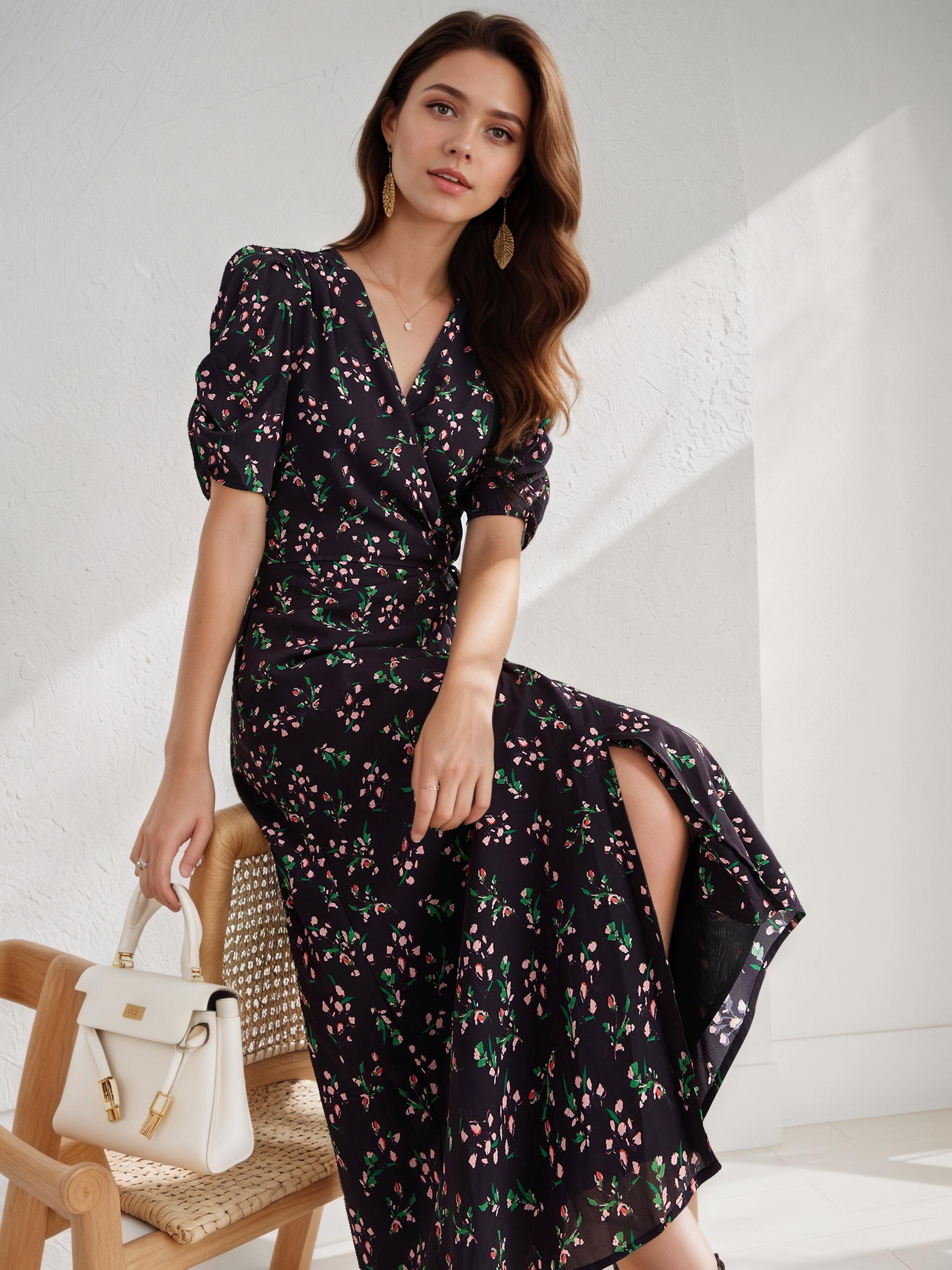 Lysandre Black Floral Mulberry Silk Wrap Dress