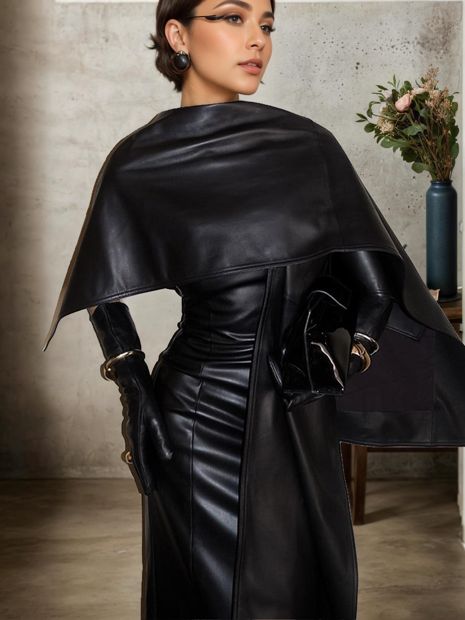 Strapless Faux Leather Dress with Draped Cape